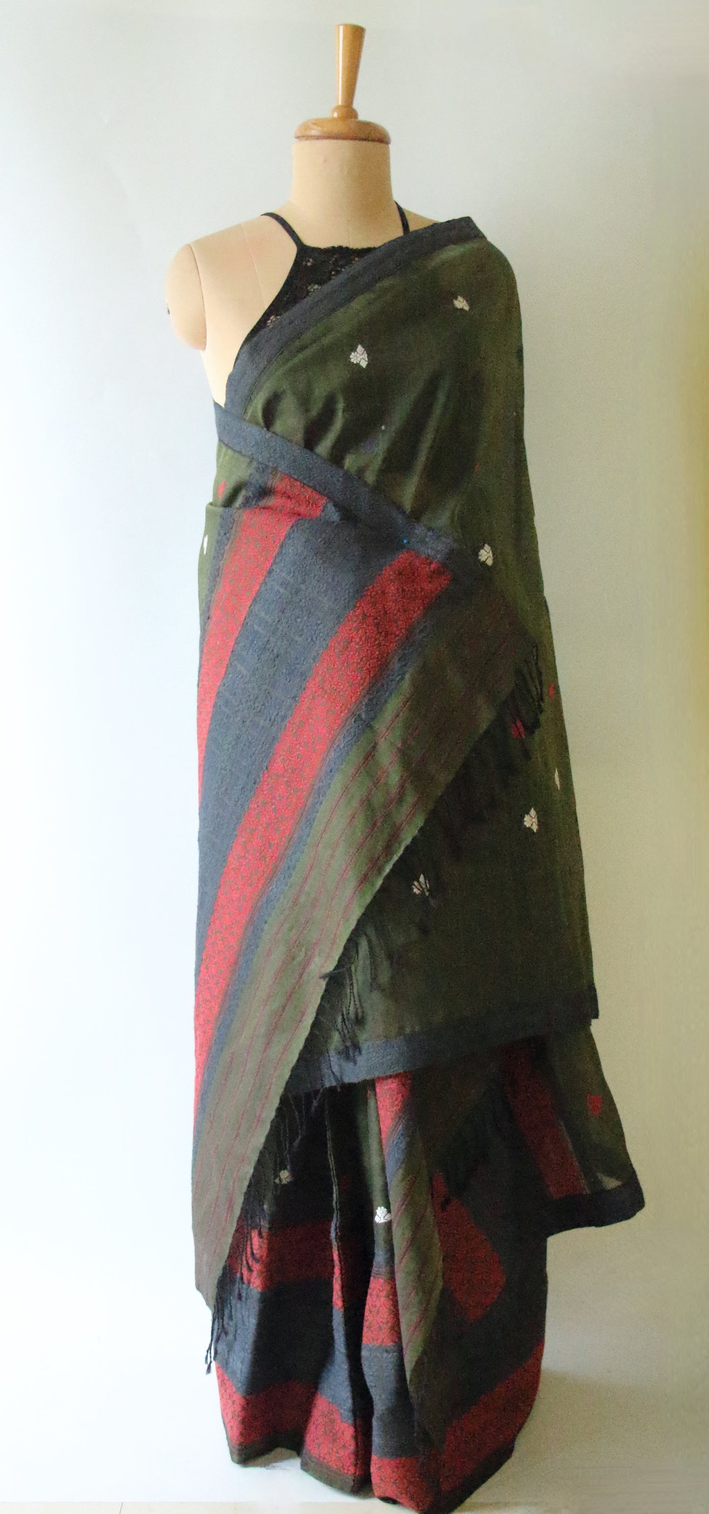 Natural Dyed Bottle Green Cotton Silk Handloom Mekhela Chador Set from Assam