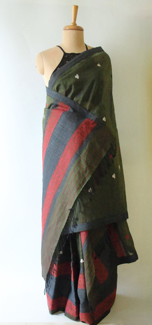 Natural Dyed Bottle Green Cotton Silk Handloom Mekhela Chador Set from Assam