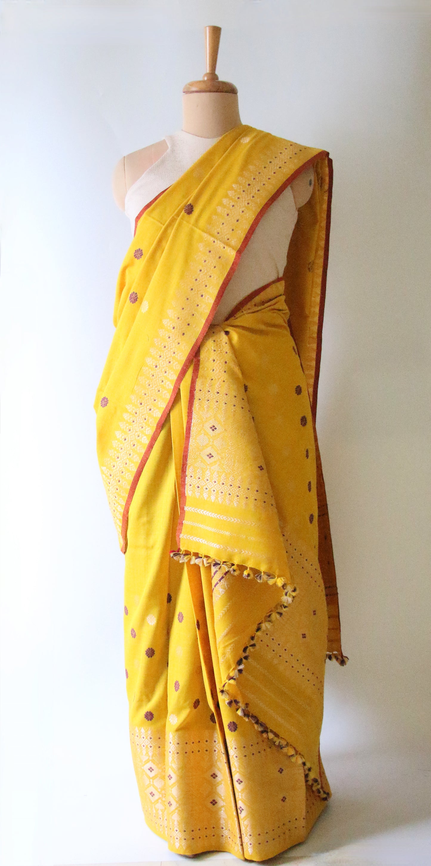 Yellow Narural Dyed Eri Silk Traditional Mekhela Chador Set from Assam