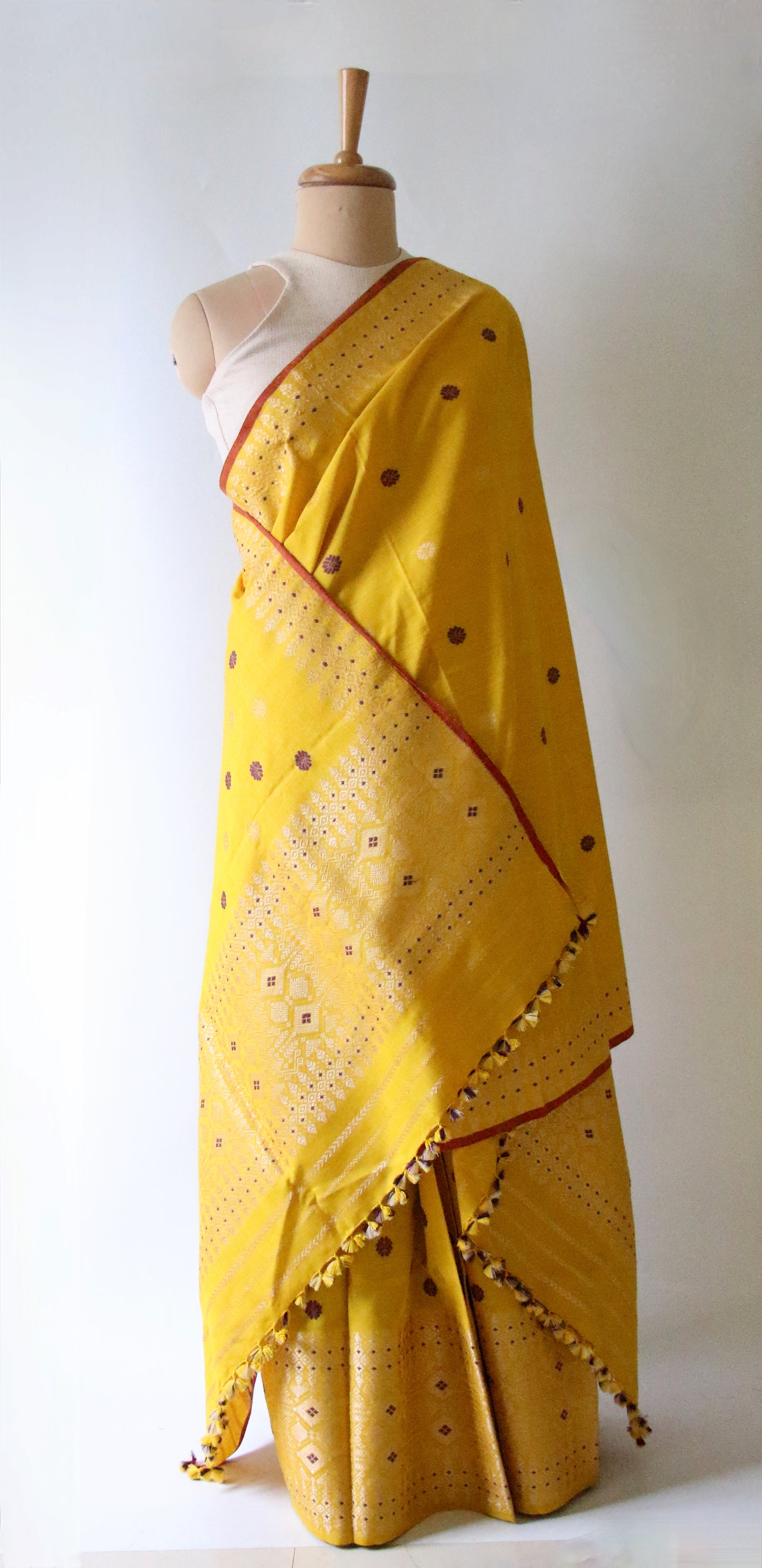 Yellow Narural Dyed Eri Silk Traditional Mekhela Chador Set from Assam