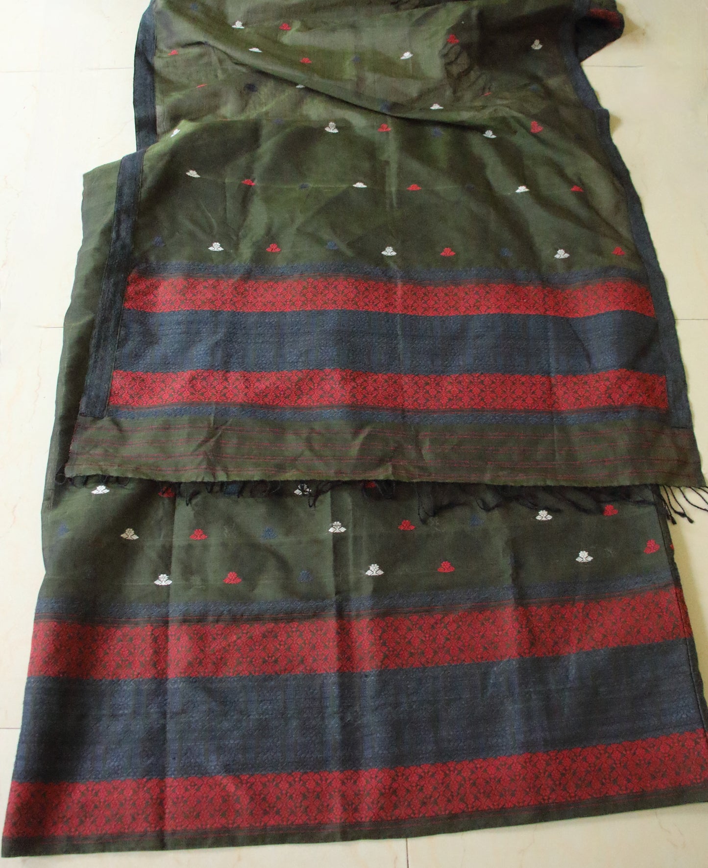 Natural Dyed Bottle Green Cotton Silk Handloom Mekhela Chador Set from Assam