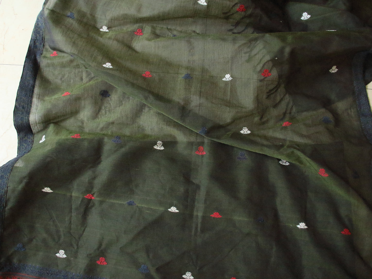 Natural Dyed Bottle Green Cotton Silk Handloom Mekhela Chador Set from Assam
