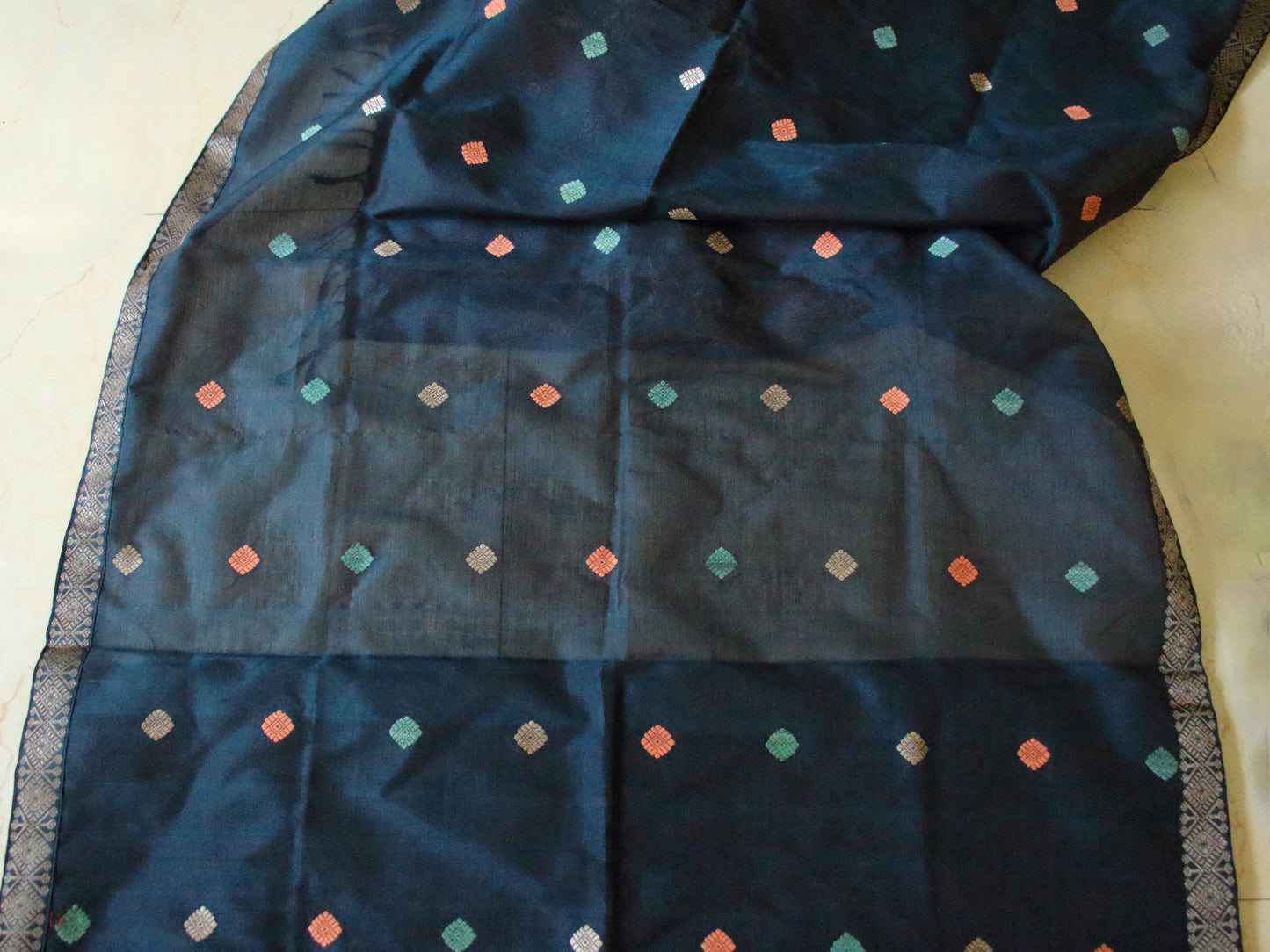 Peacock Blue Natural dyed  Cotton Silk Handloom Mekhela Chador Set from Assam