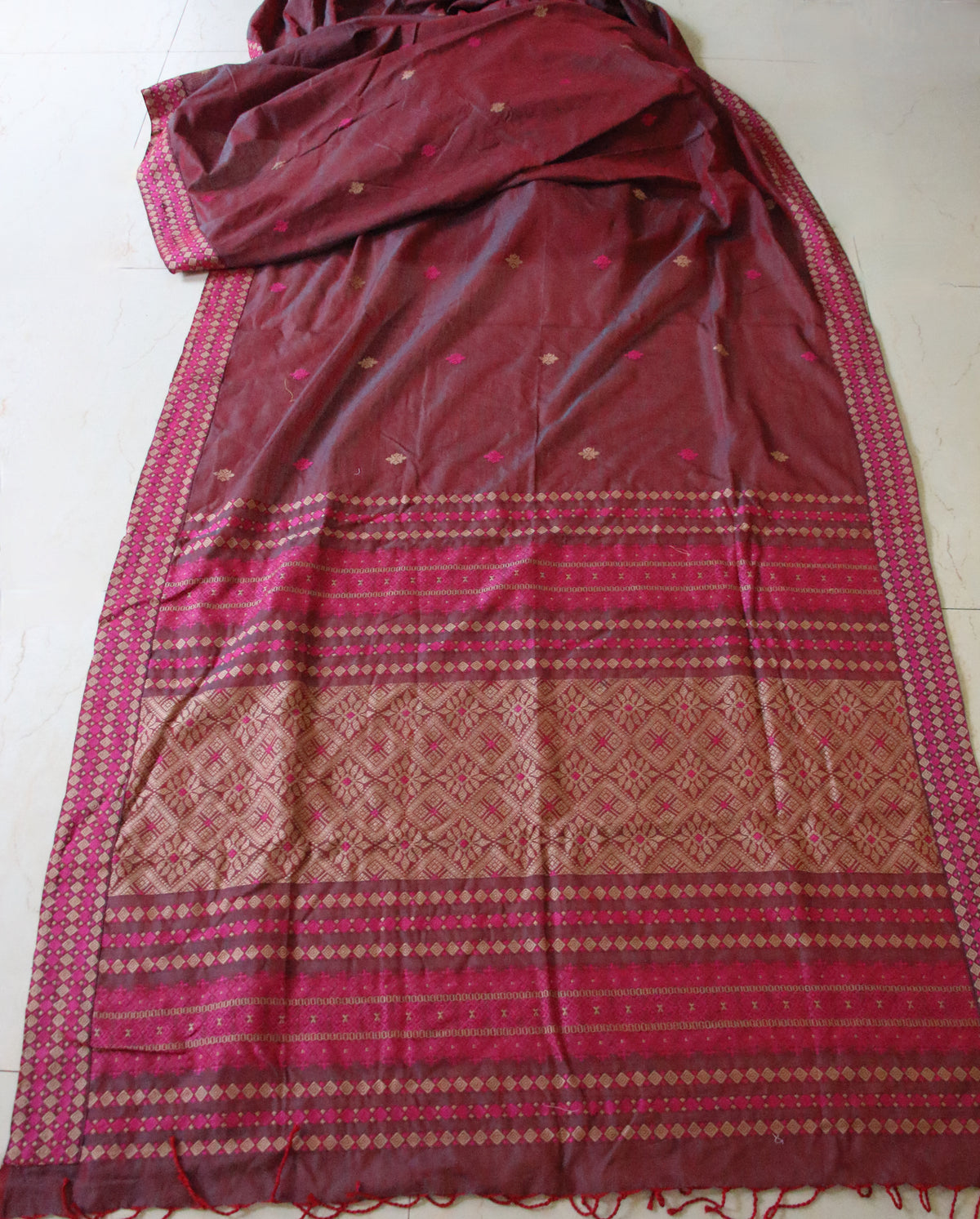 Two Tone Red Handloom Cotton Saree from Assam