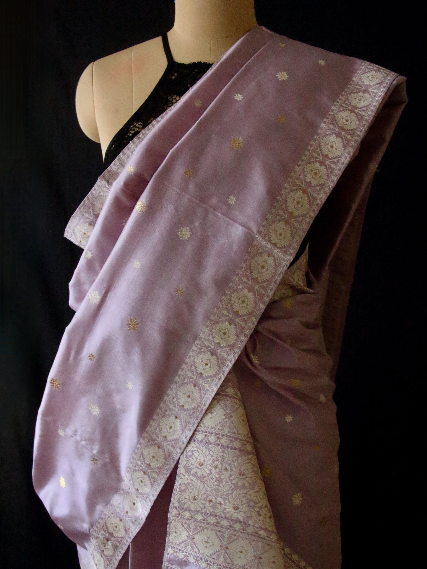 Lavendar Handloom Mulberry Silk Mekhla Chador Set from Assam
