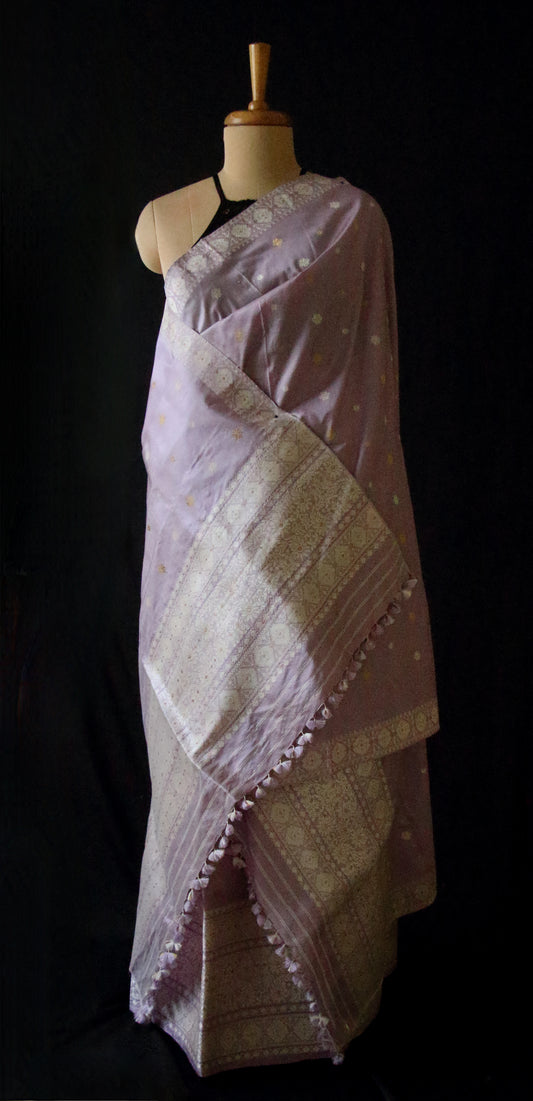 Lavendar Handloom Mulberry Silk Mekhla Chador Set from Assam