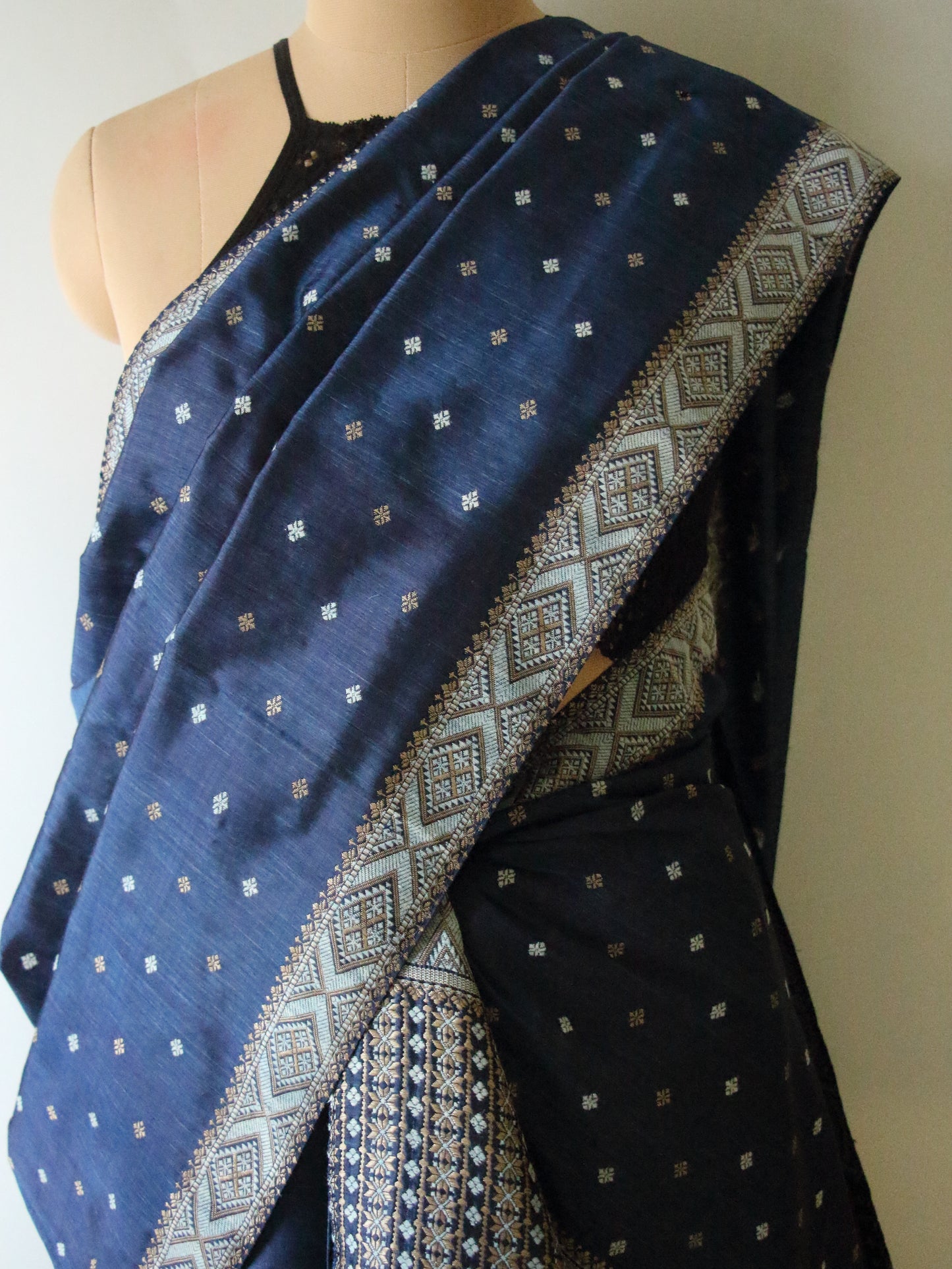 Indigo Natural Dyed  Mulberry Silk  Mekhla Chador Set from Assam