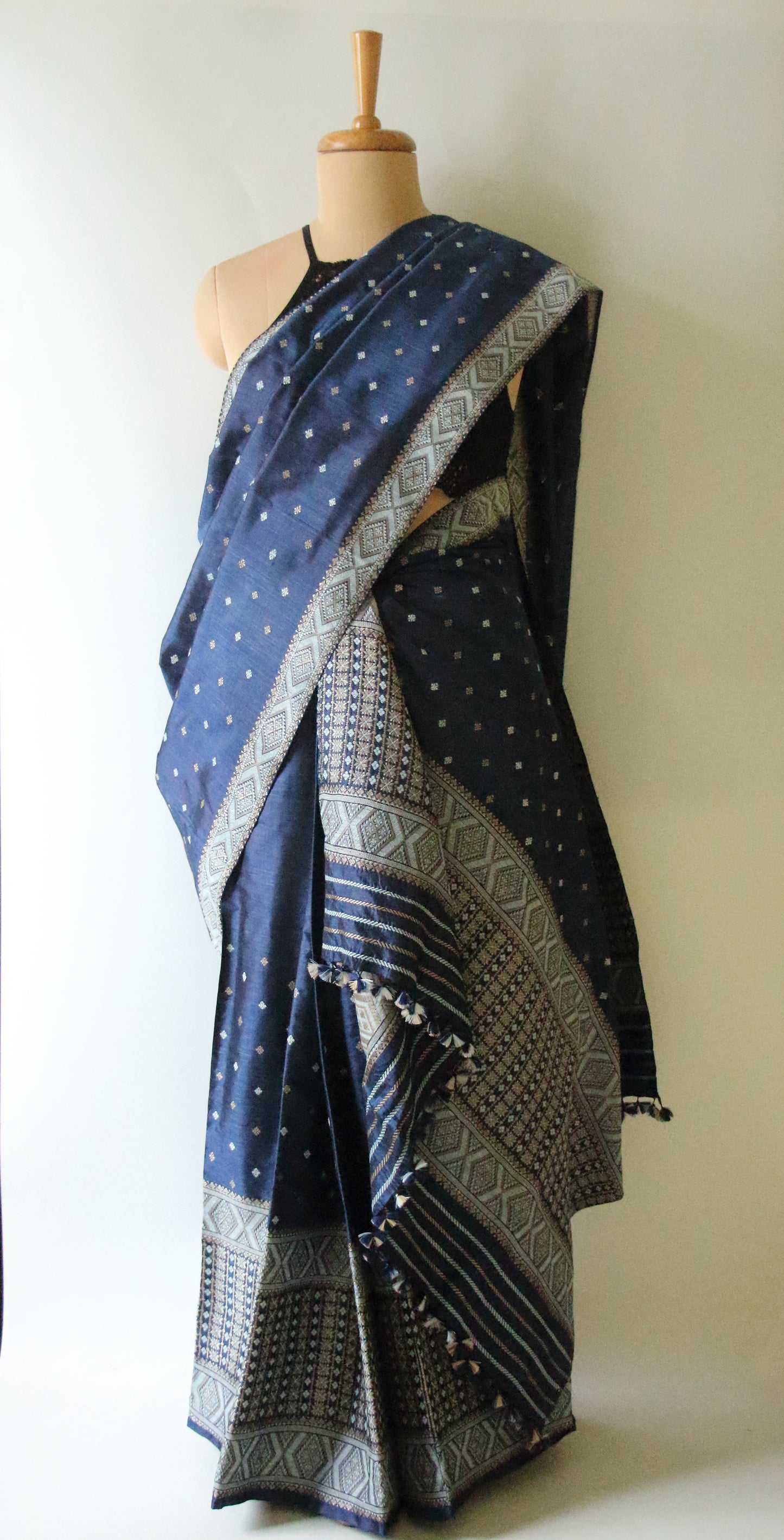 Indigo Natural Dyed  Mulberry Silk  Mekhla Chador Set from Assam