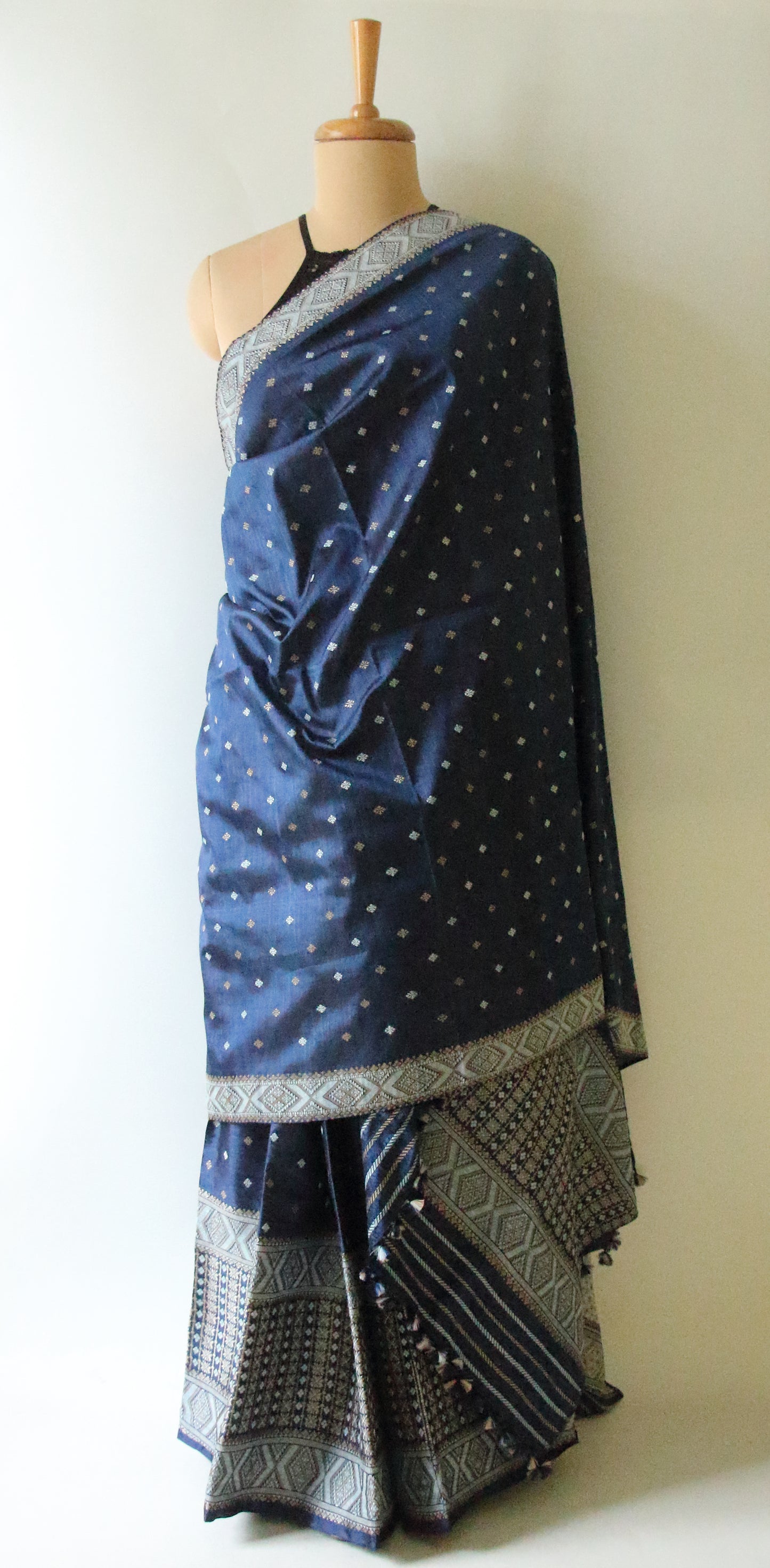 Indigo Natural Dyed  Mulberry Silk  Mekhla Chador Set from Assam