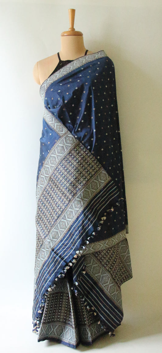 Indigo Natural Dyed  Mulberry Silk  Mekhla Chador Set from Assam