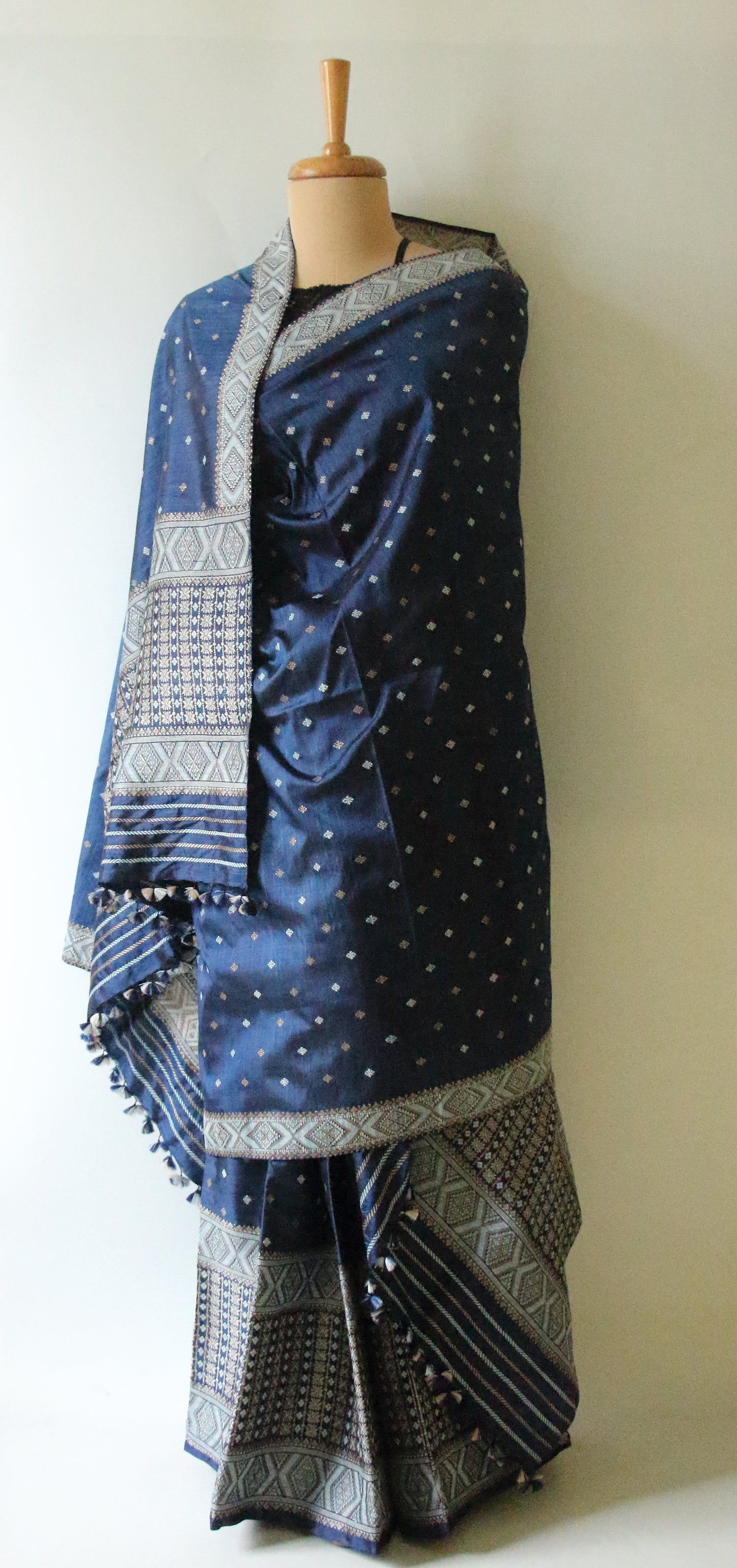 Indigo Natural Dyed  Mulberry Silk  Mekhla Chador Set from Assam