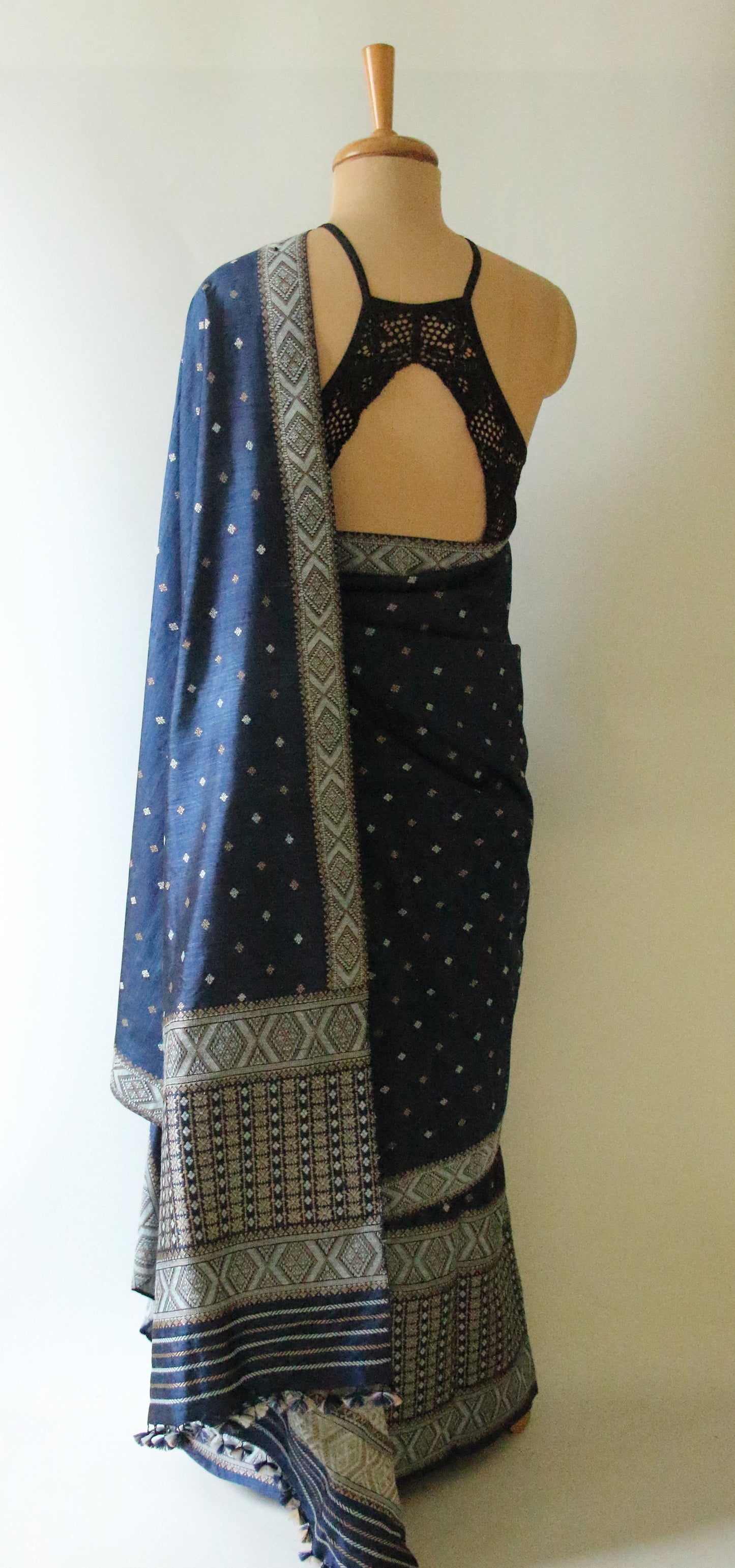 Indigo Natural Dyed  Mulberry Silk  Mekhla Chador Set from Assam