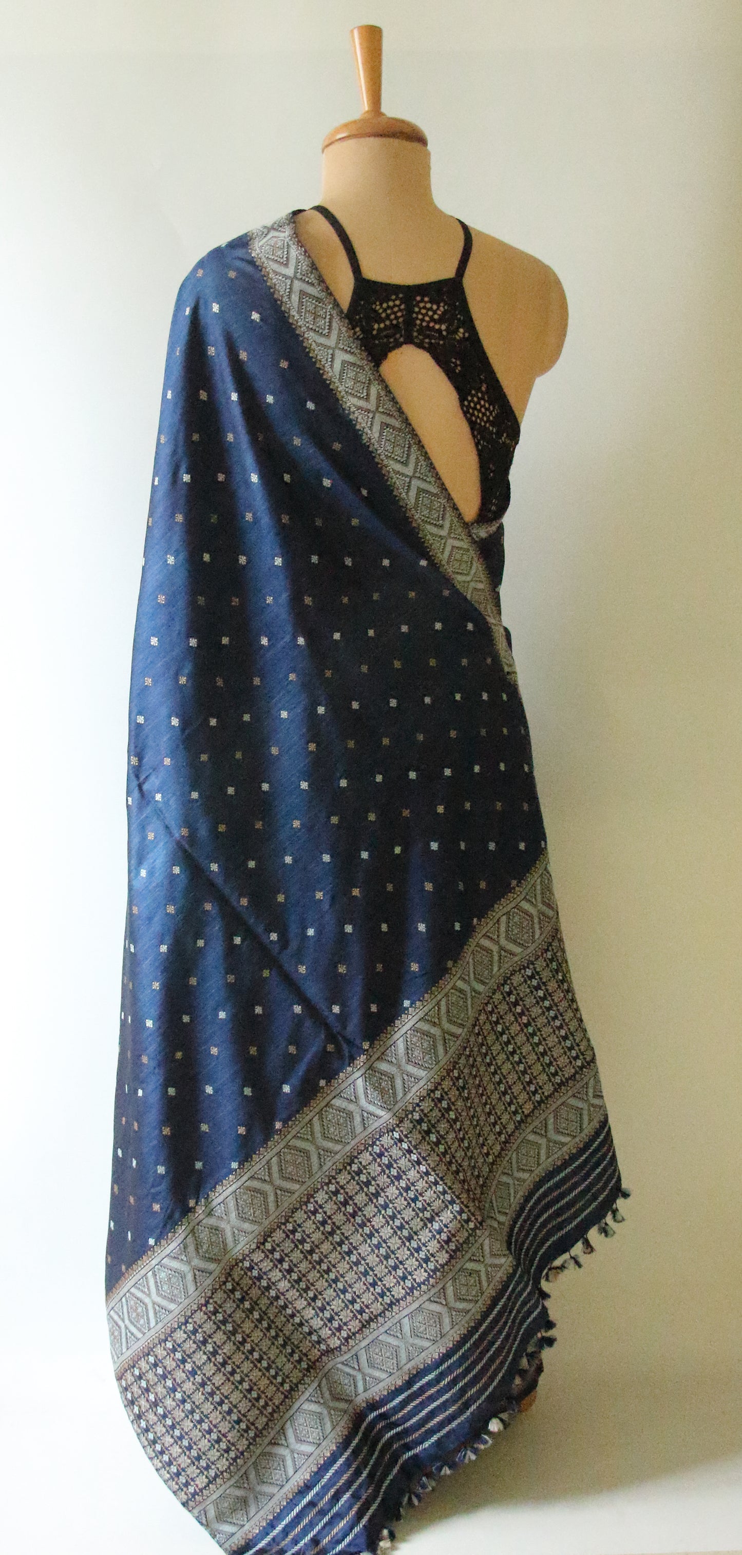 Indigo Natural Dyed  Mulberry Silk  Mekhla Chador Set from Assam