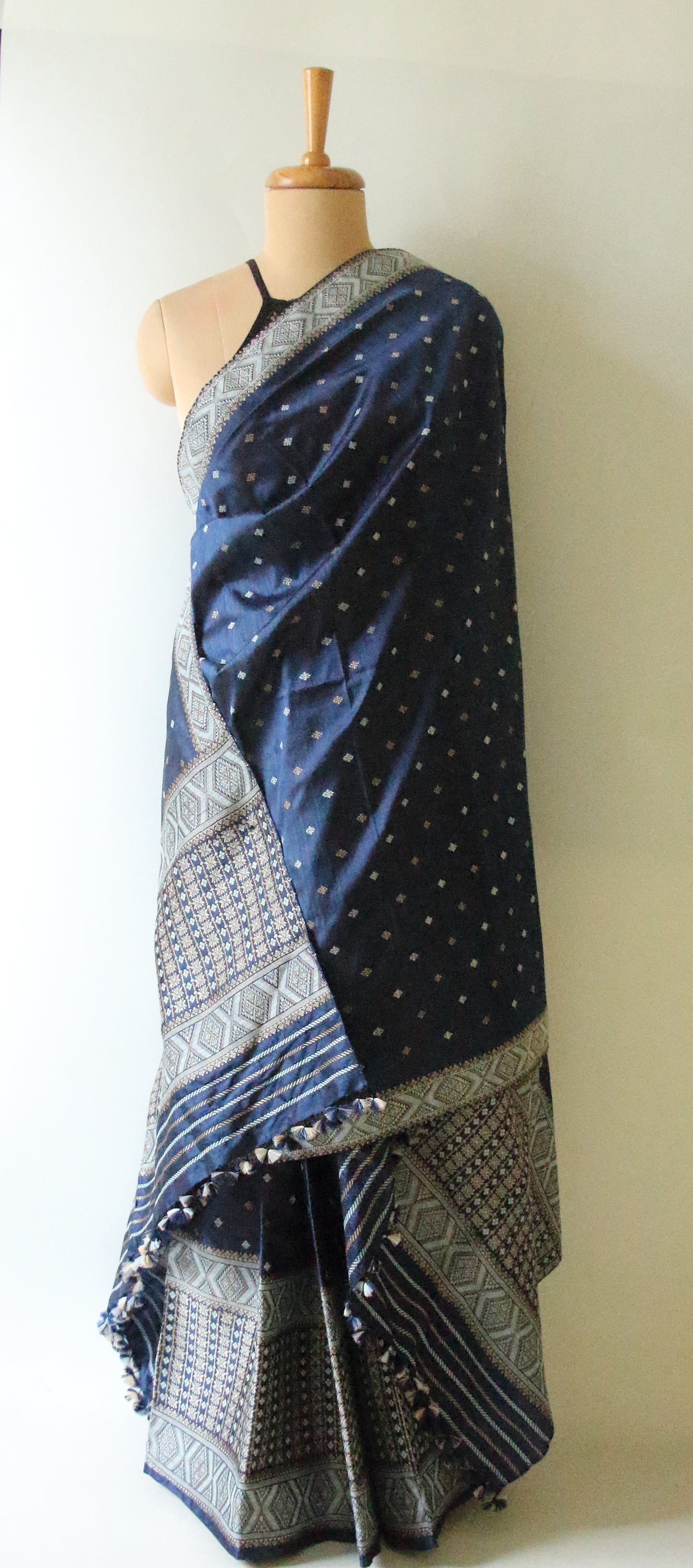 Indigo Natural Dyed  Mulberry Silk  Mekhla Chador Set from Assam