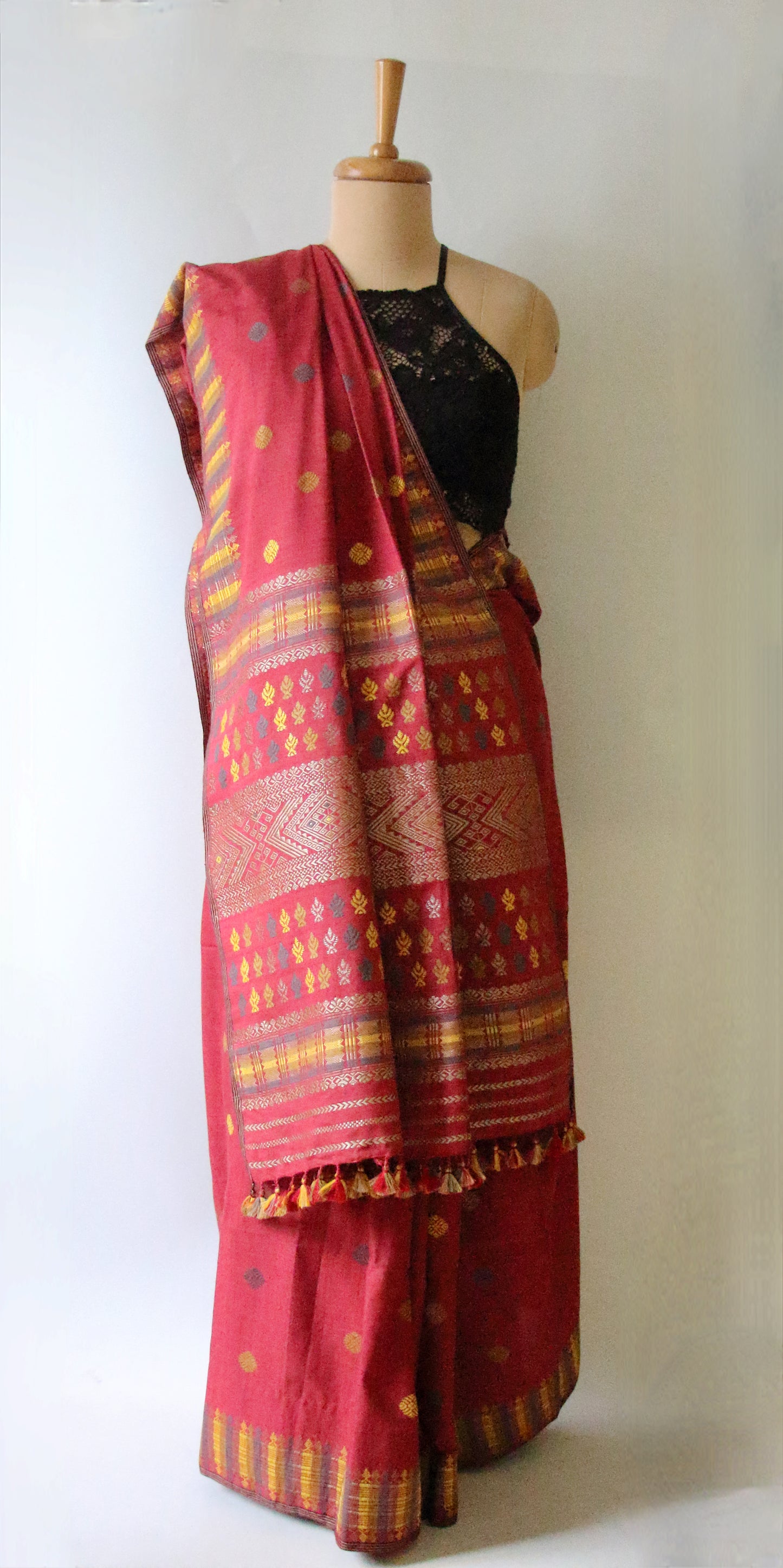 Natural Dyed Maroon Handloom Eri Silk  Sari from Assam