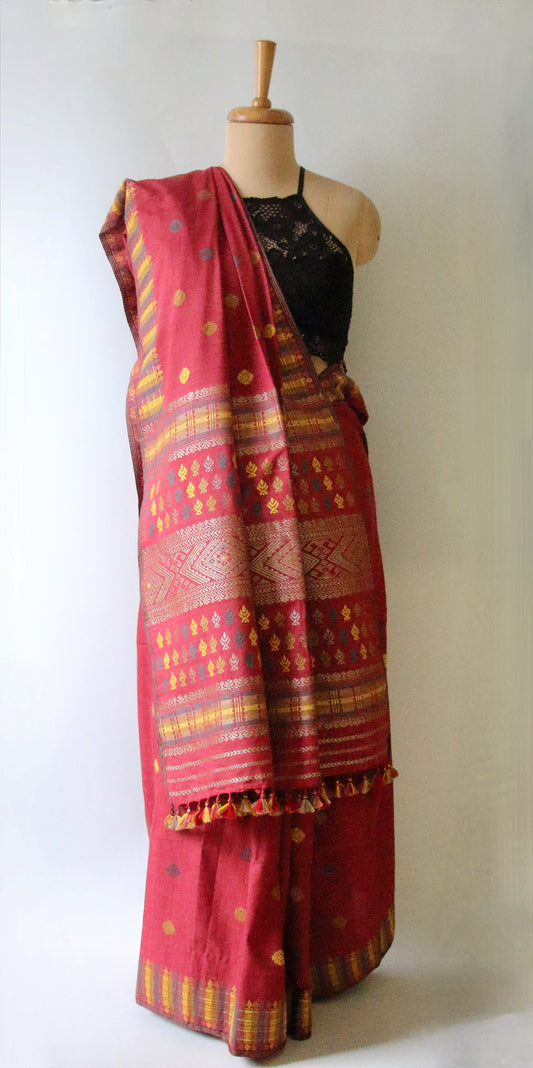 Natural Dyed Maroon Handloom Eri Silk  Sari from Assam