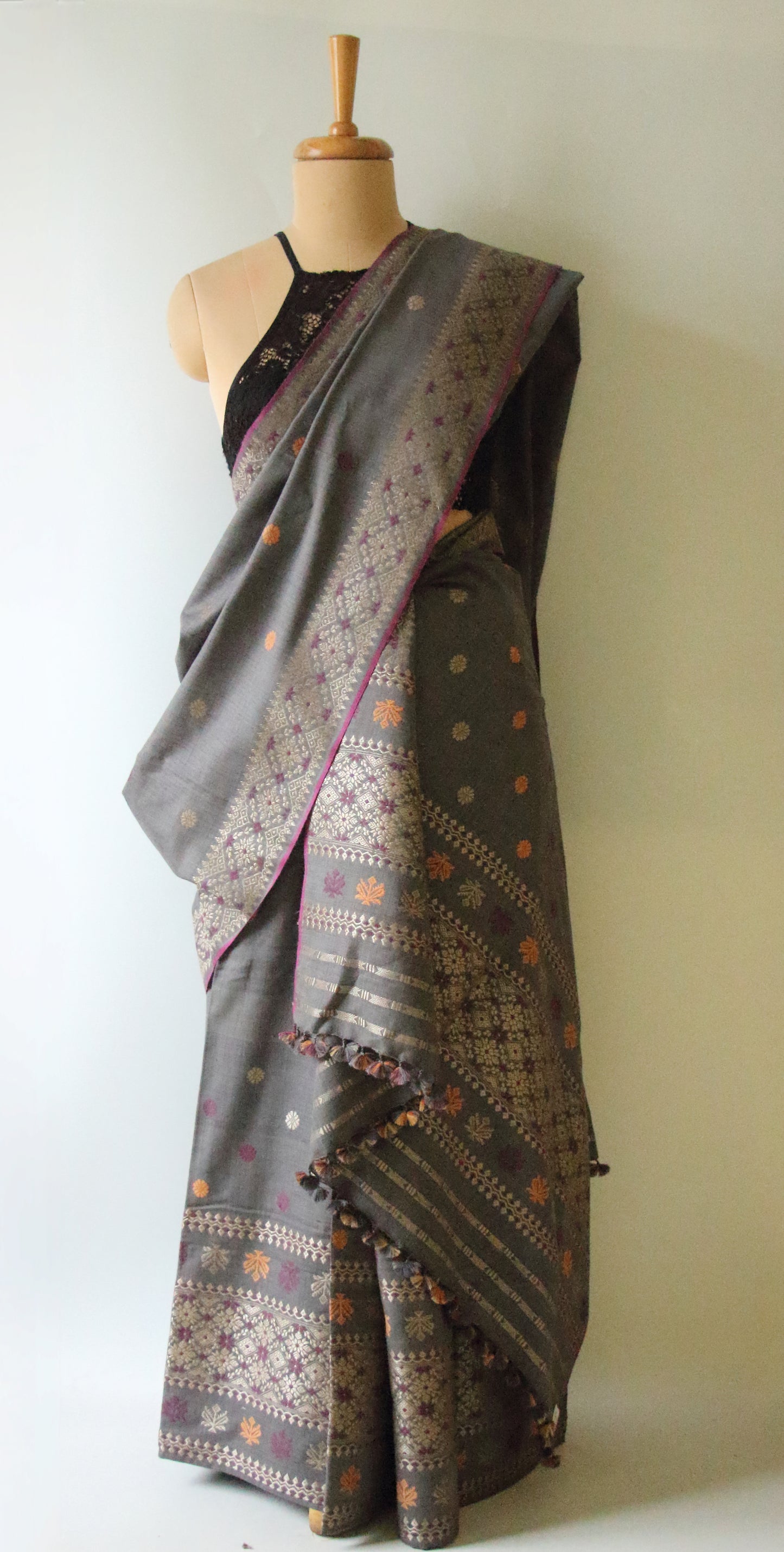 Grey Natural Dyed Eri Silk Traditional Mekhela Chador Set from Assam