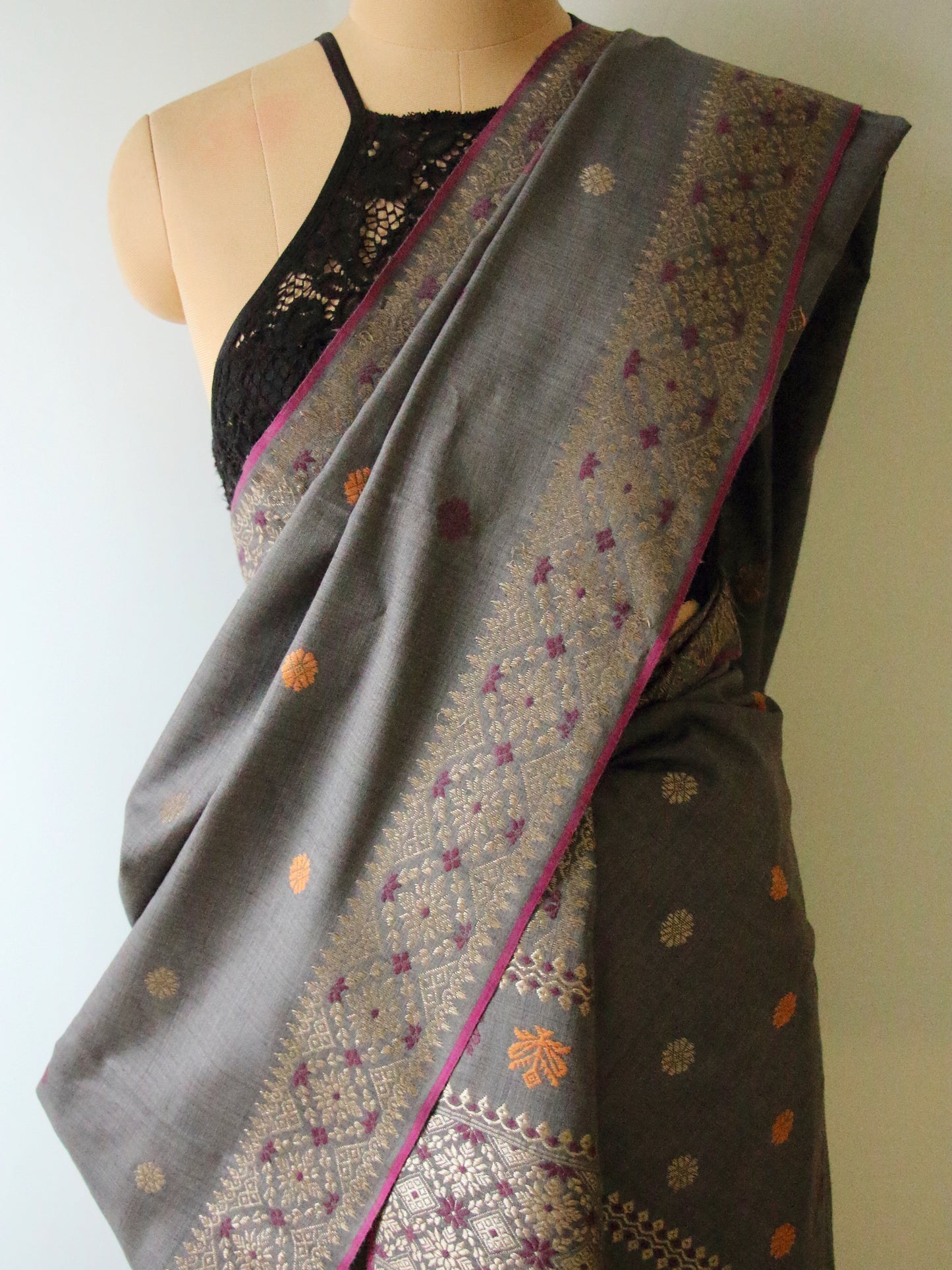 Grey Natural Dyed Eri Silk Traditional Mekhela Chador Set from Assam