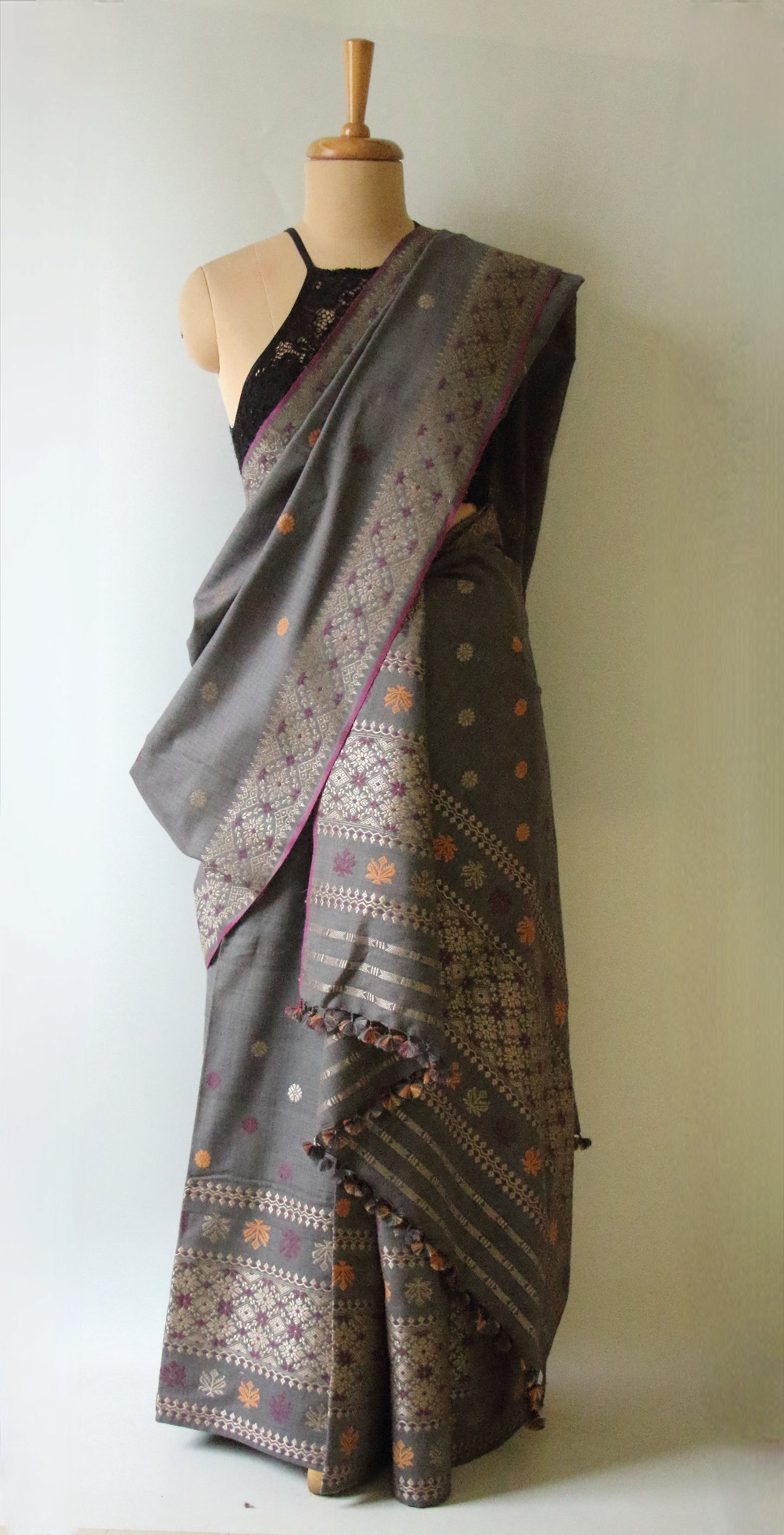 Grey Natural Dyed Eri Silk Traditional Mekhela Chador Set from Assam