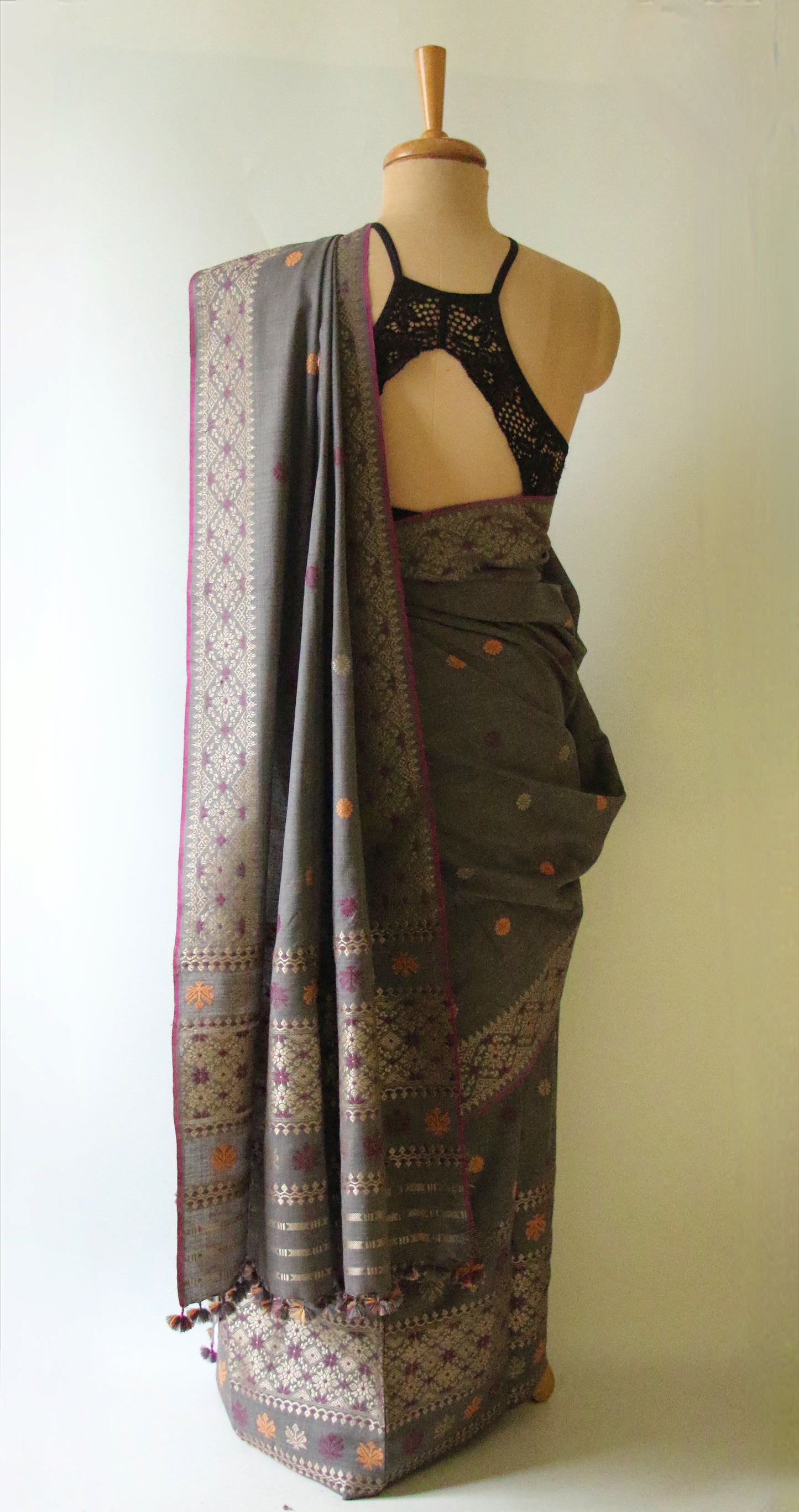 Grey Natural Dyed Eri Silk Traditional Mekhela Chador Set from Assam