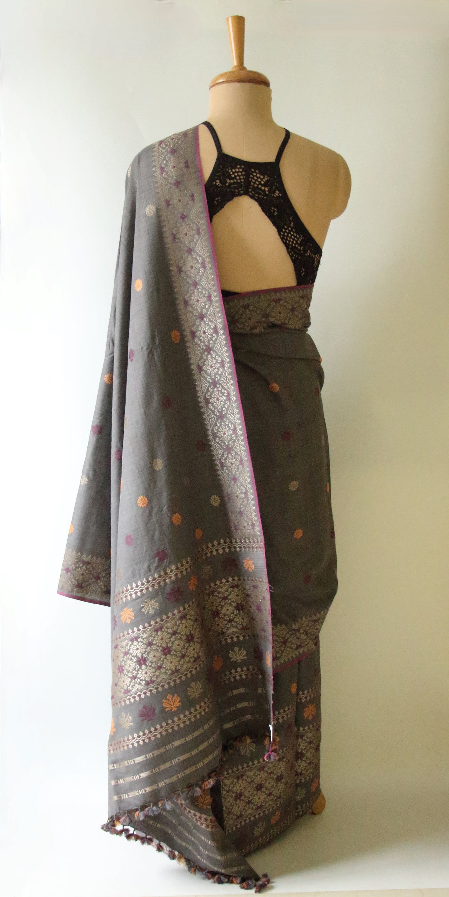 Grey Natural Dyed Eri Silk Traditional Mekhela Chador Set from Assam