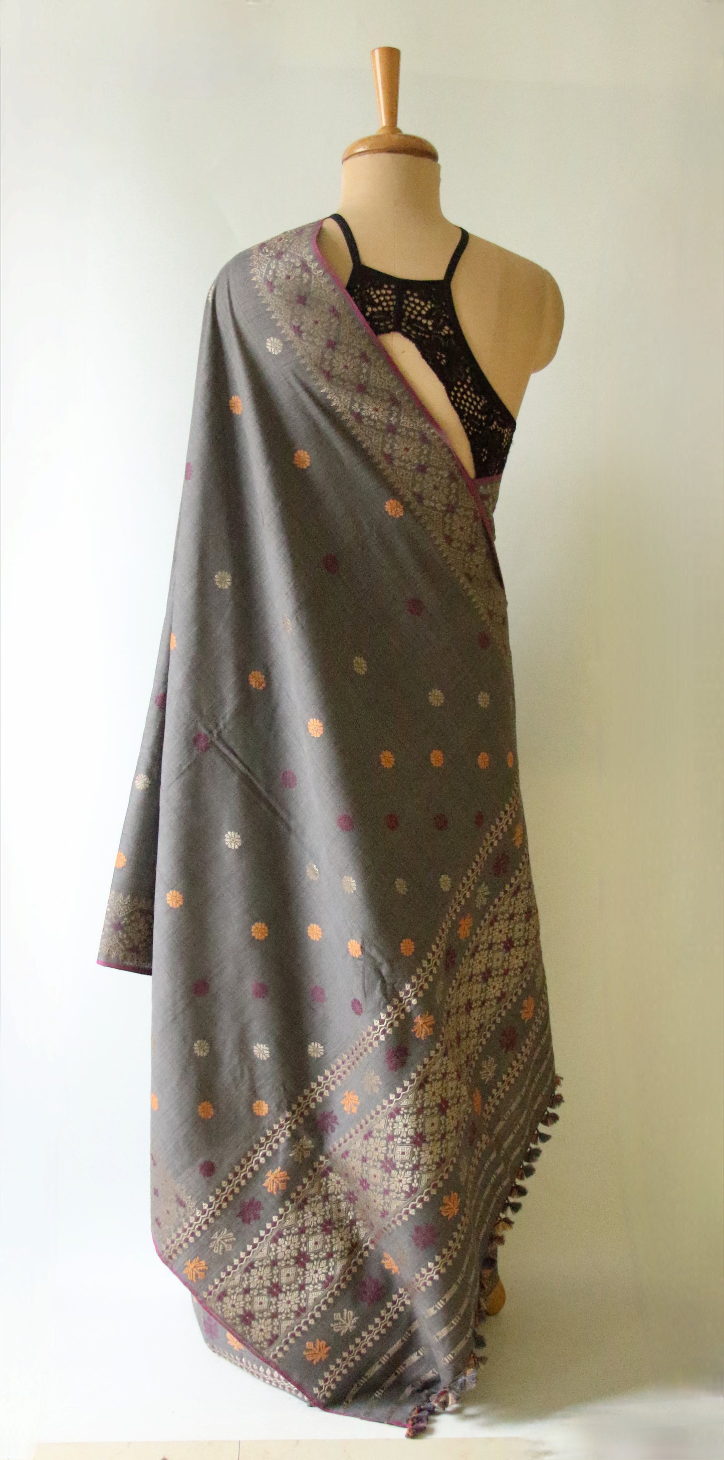 Grey Natural Dyed Eri Silk Traditional Mekhela Chador Set from Assam
