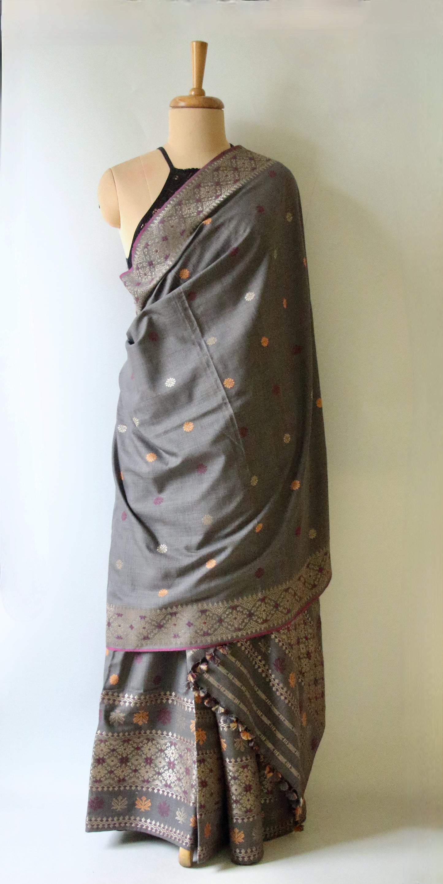 Grey Natural Dyed Eri Silk Traditional Mekhela Chador Set from Assam