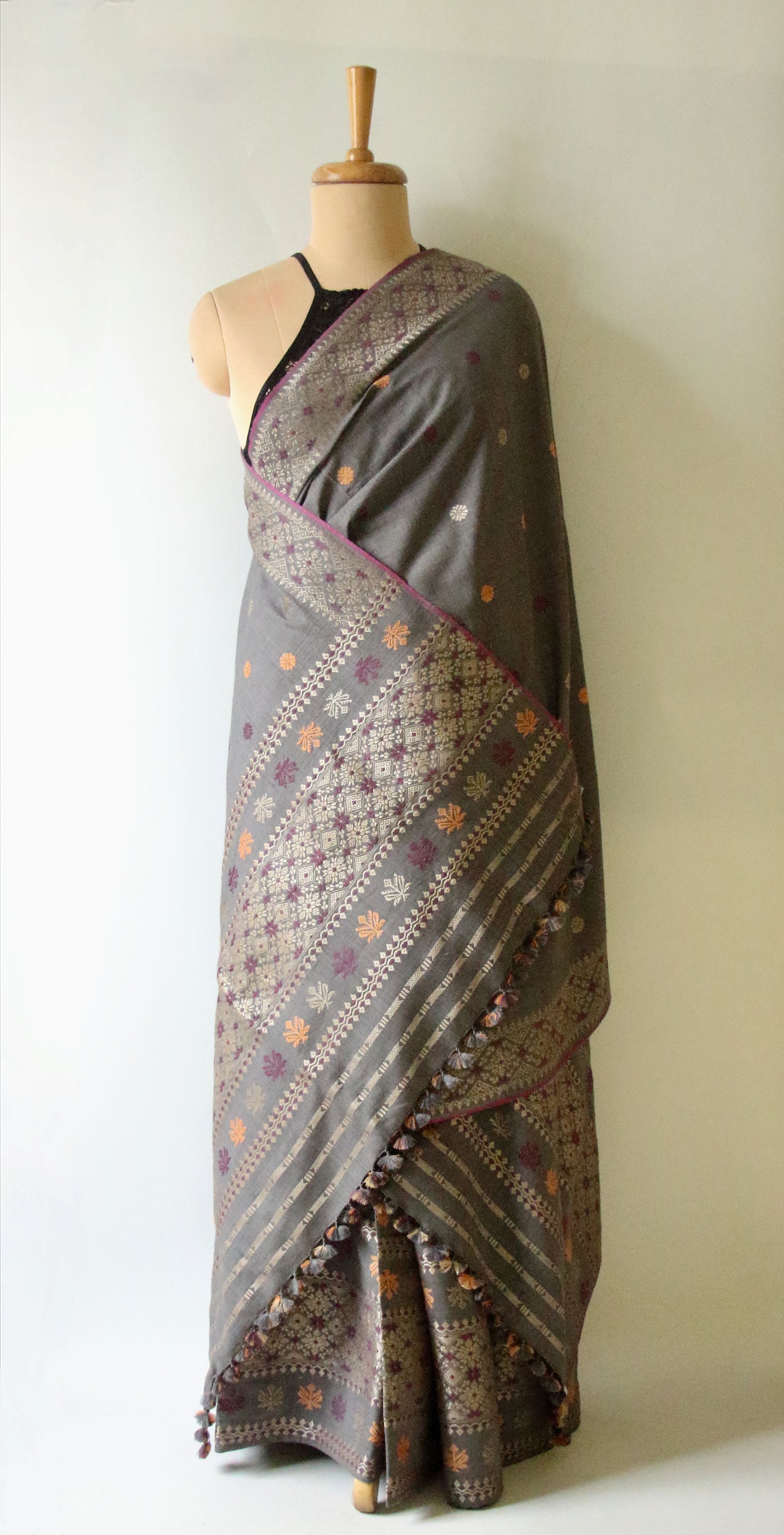 Grey Natural Dyed Eri Silk Traditional Mekhela Chador Set from Assam