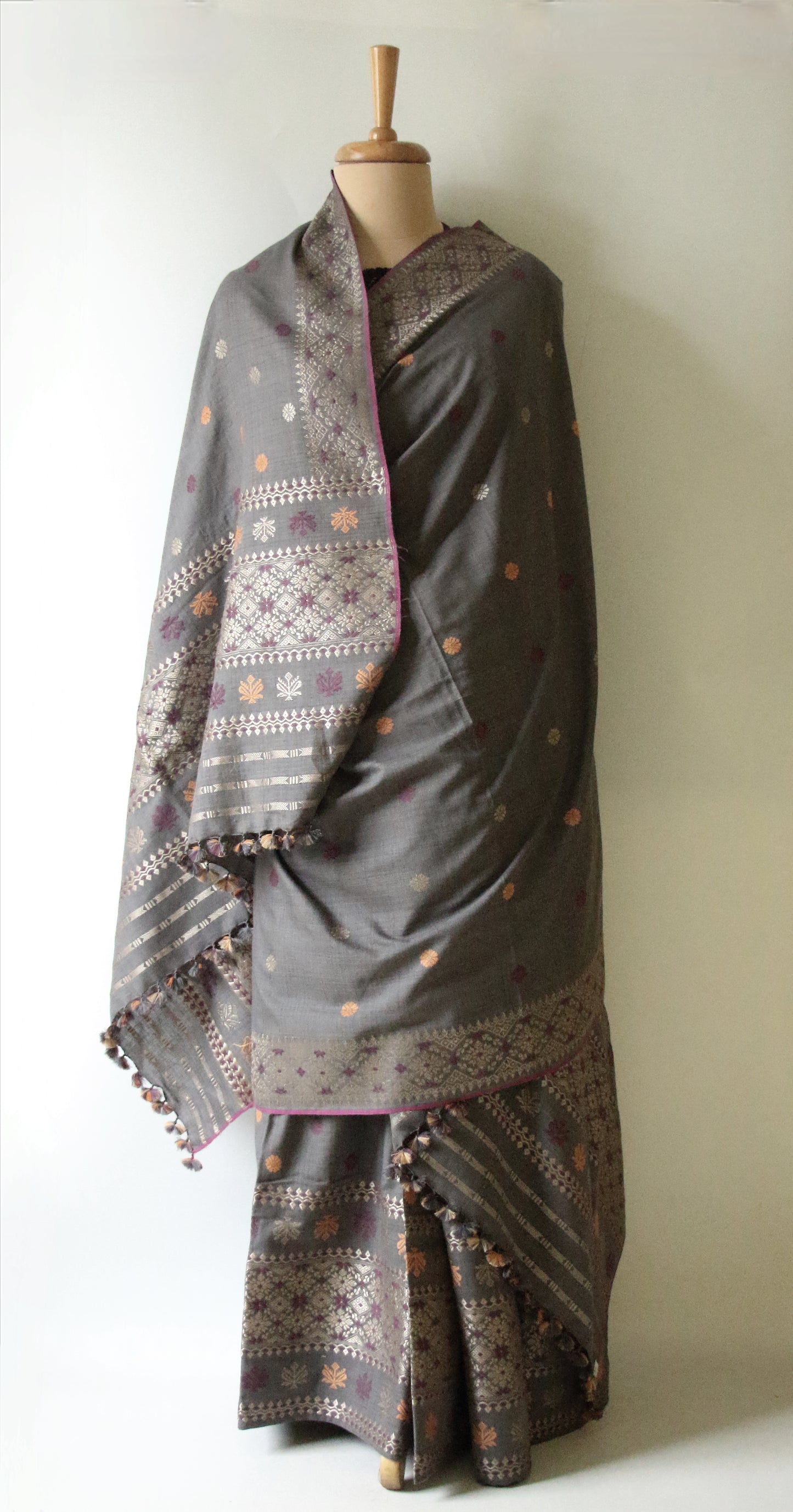 Grey Natural Dyed Eri Silk Traditional Mekhela Chador Set from Assam
