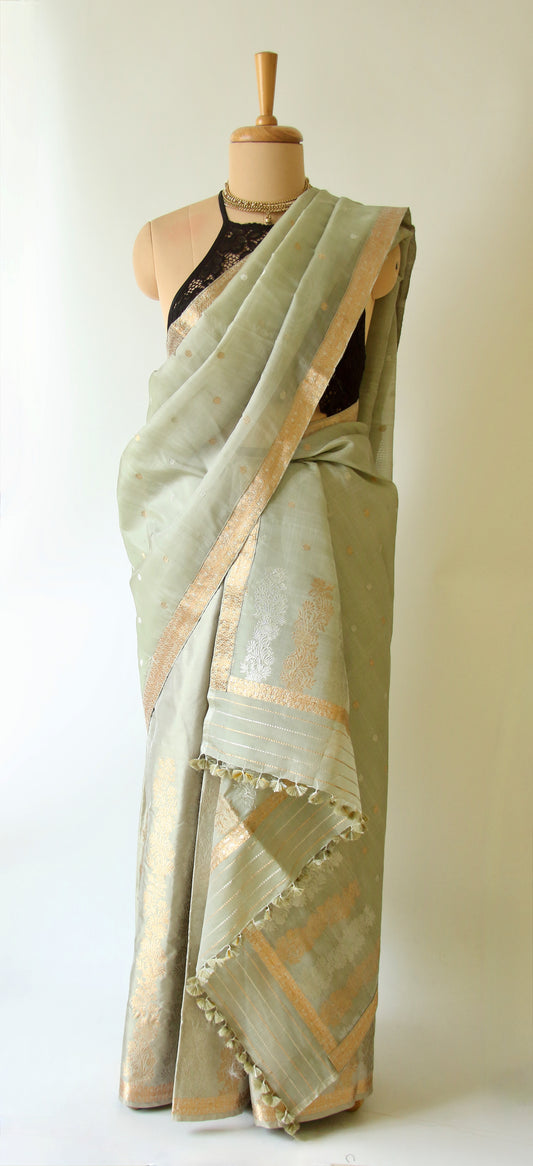Light Greyish Green Mulberry Silk Mekhla Chador Set