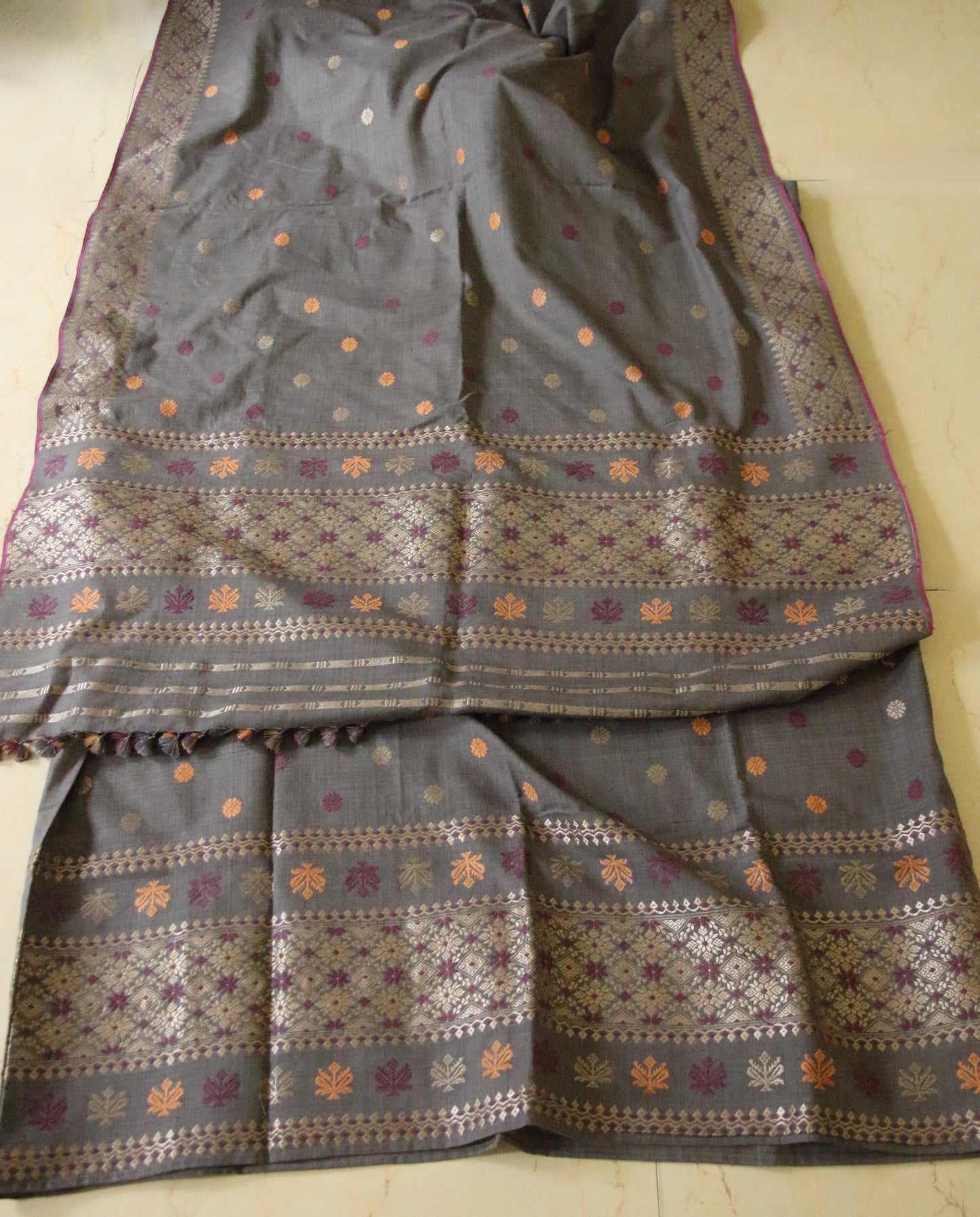 Grey Natural Dyed Eri Silk Traditional Mekhela Chador Set from Assam