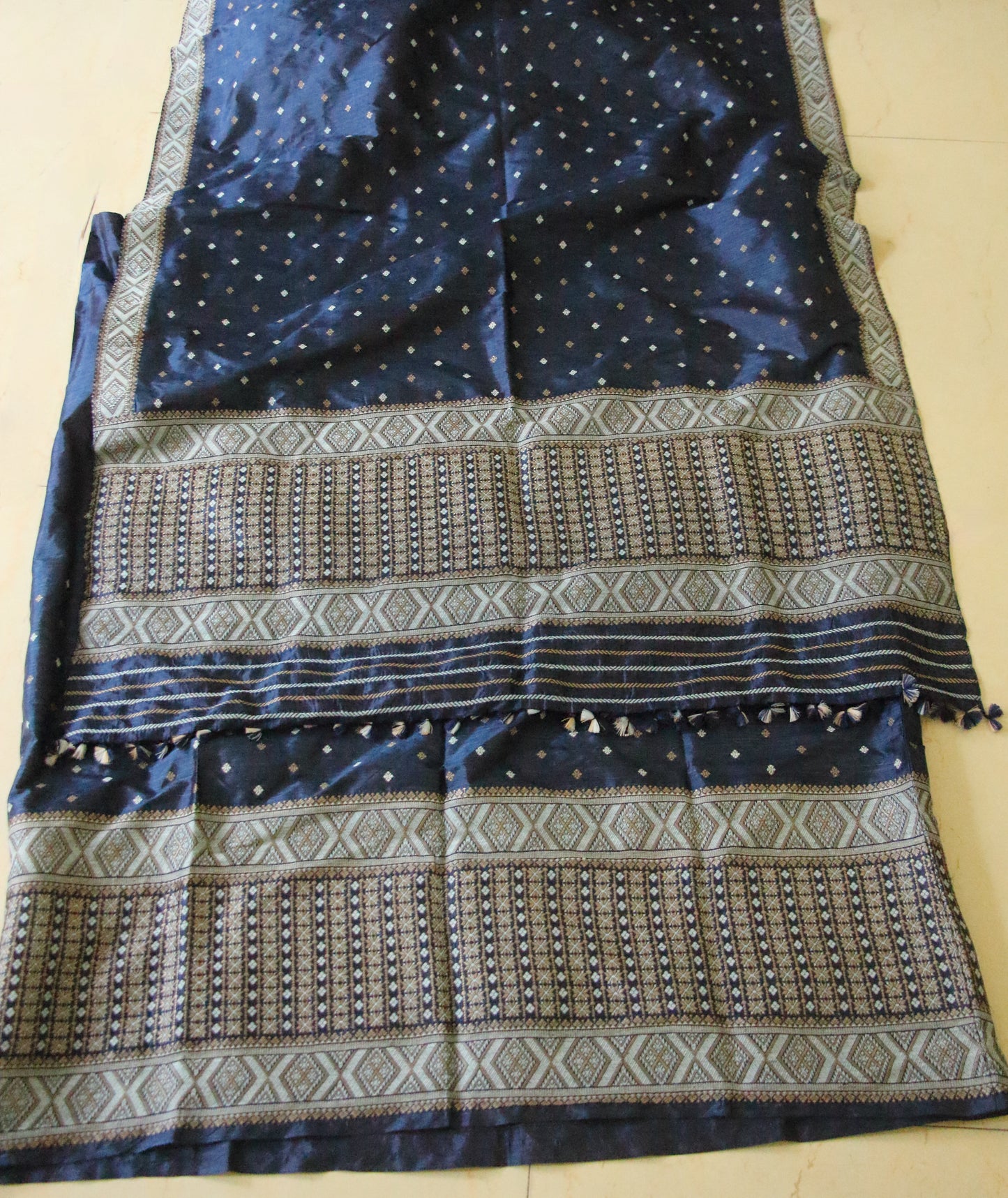 Indigo Natural Dyed  Mulberry Silk  Mekhla Chador Set from Assam