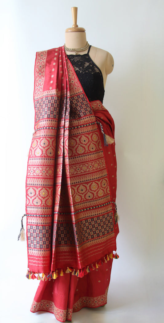 Exclusive Red Natural Dyed Mulberry Silk Saree from Assam