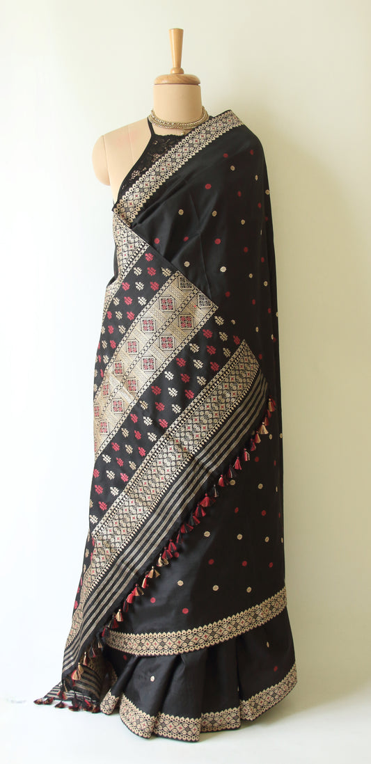 Exclusive Black Natural Dyed Mulberry Silk Saree from Assam