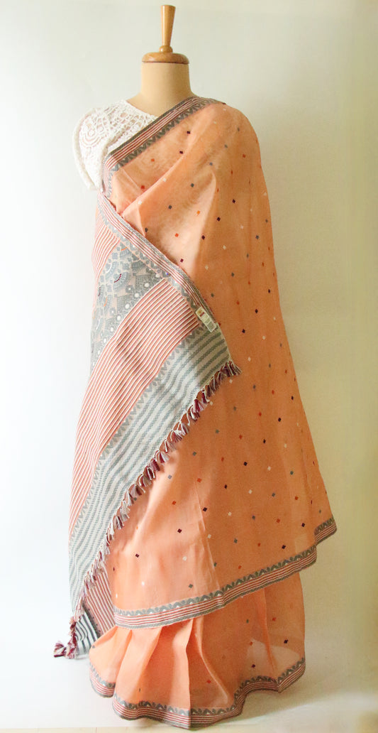 Soft Peach  Handloom Mulberry Silk / Organza  Saree  from Assam
