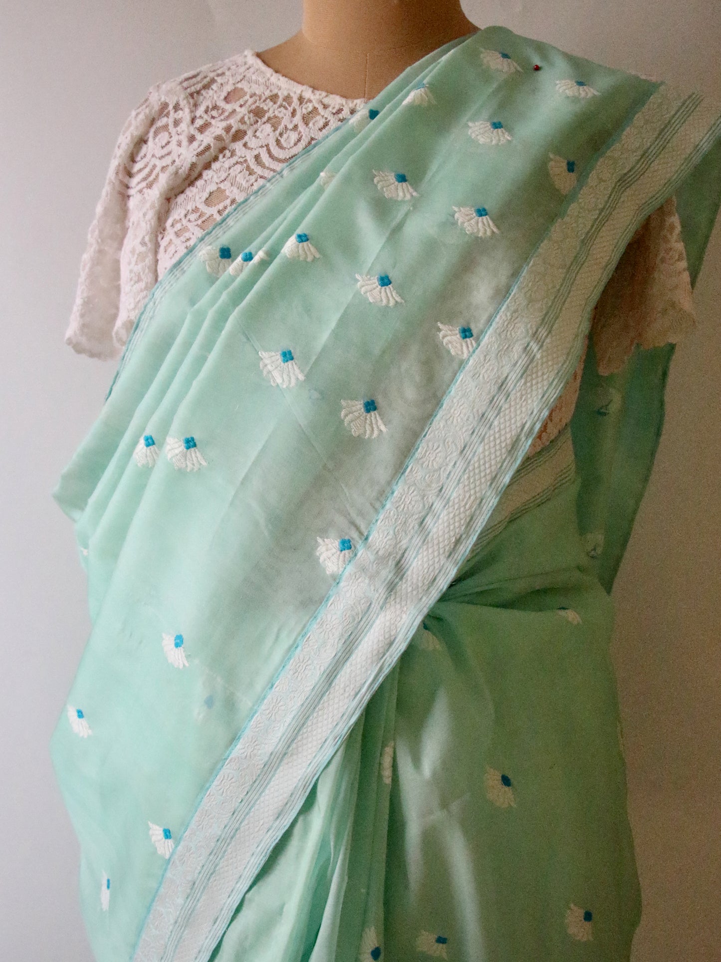Soft Sea Green Handloom Mulberry Silk / Organza  Saree  from Assam
