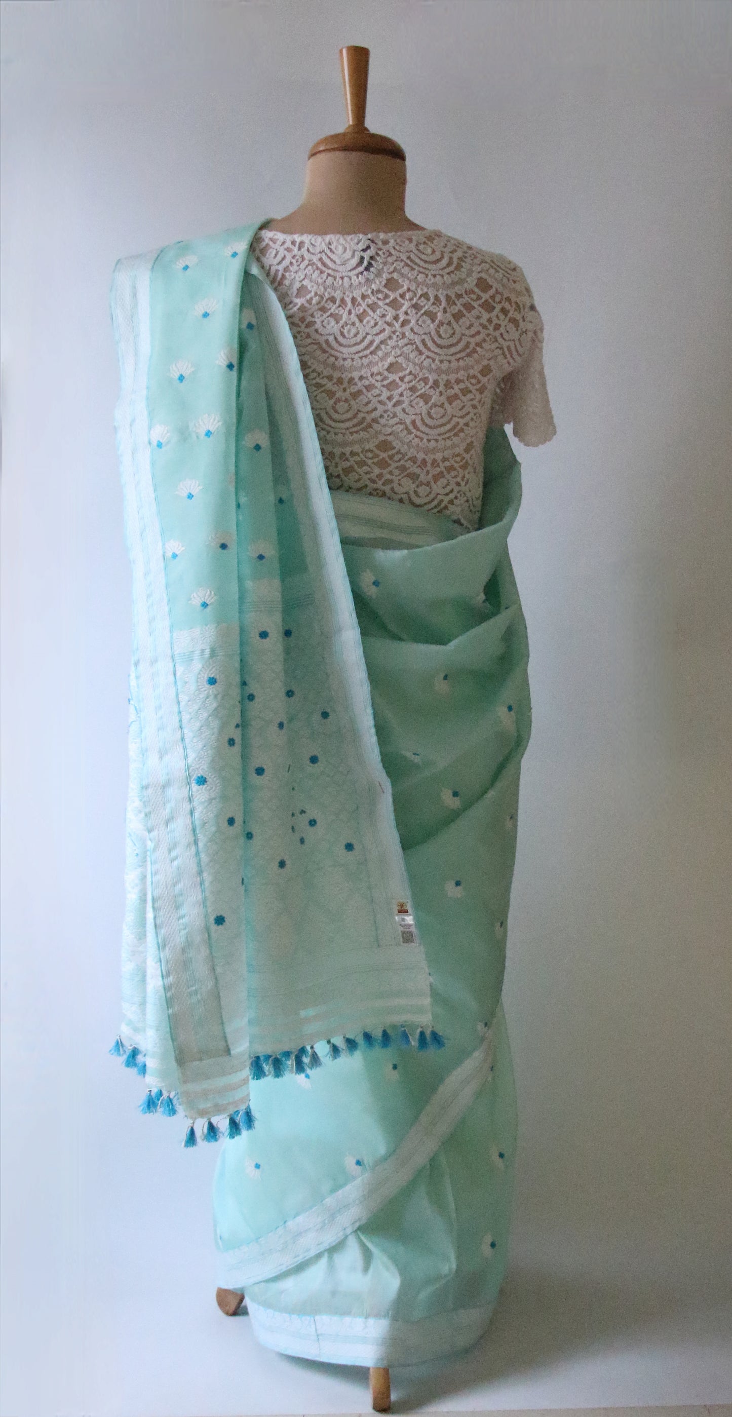 Soft Sea Green Handloom Mulberry Silk / Organza  Saree  from Assam
