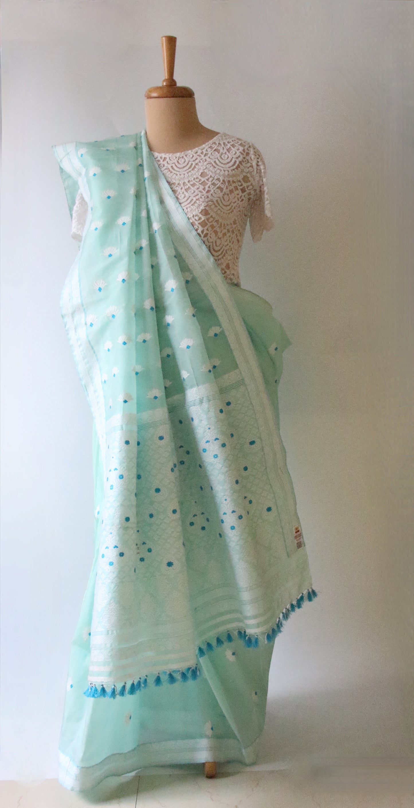 Soft Sea Green Handloom Mulberry Silk / Organza  Saree  from Assam