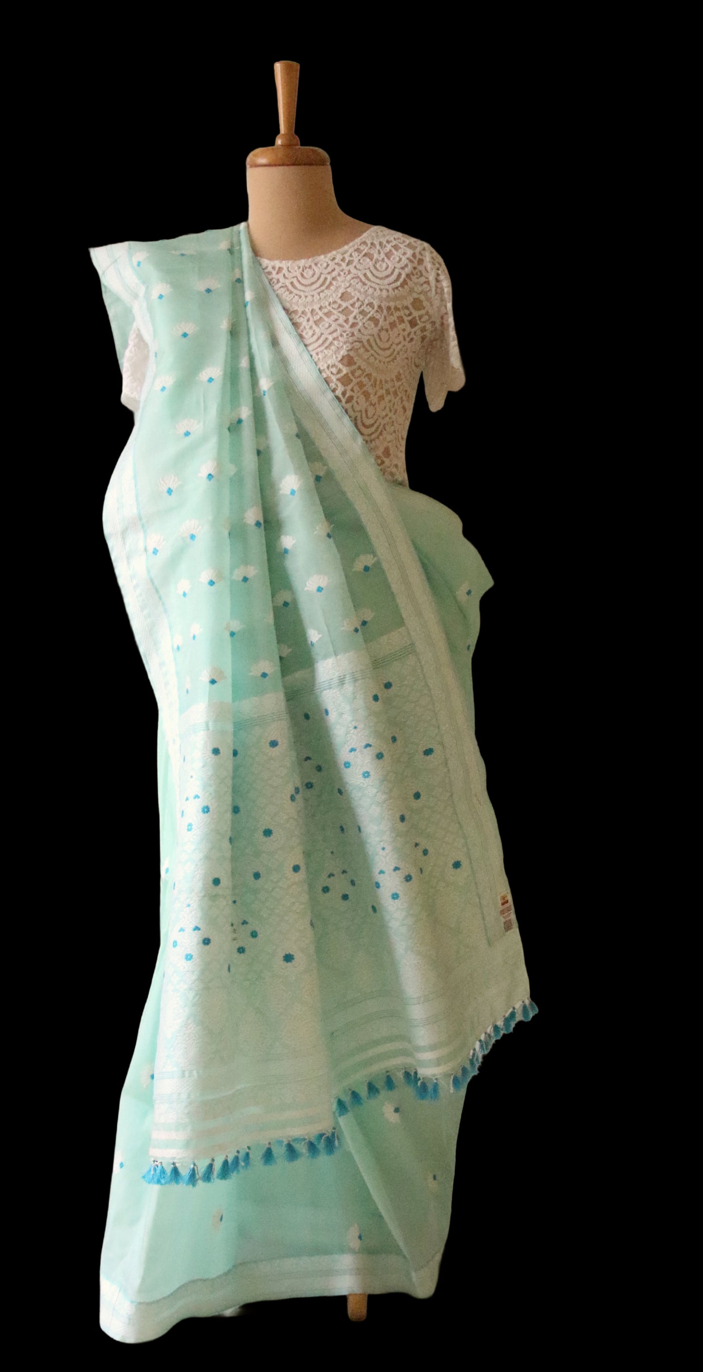 Soft Sea Green Handloom Mulberry Silk / Organza  Saree  from Assam