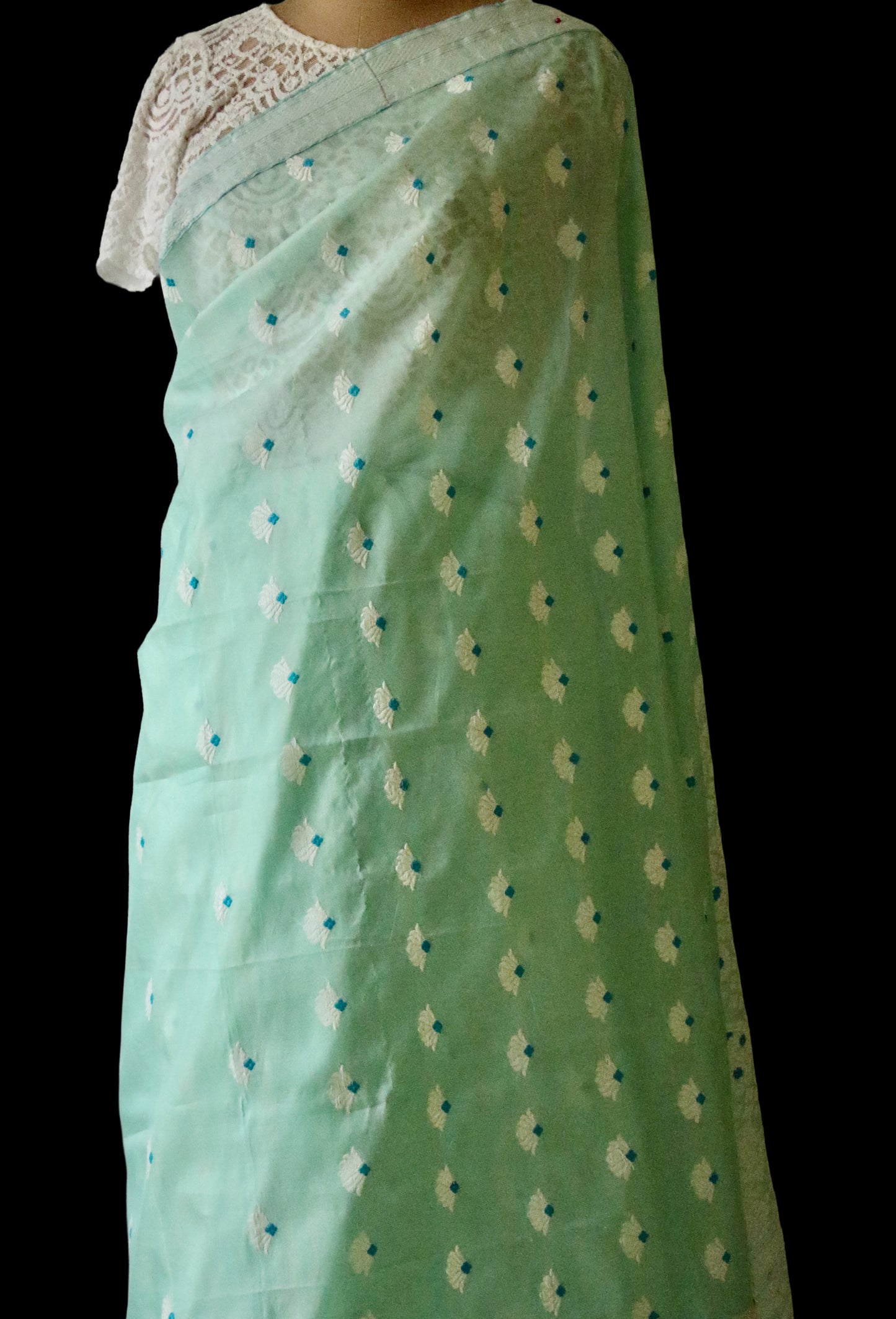 Soft Sea Green Handloom Mulberry Silk / Organza  Saree  from Assam