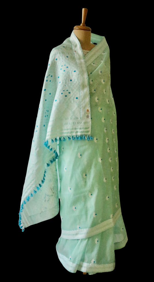 Soft Sea Green Handloom Mulberry Silk / Organza  Saree  from Assam