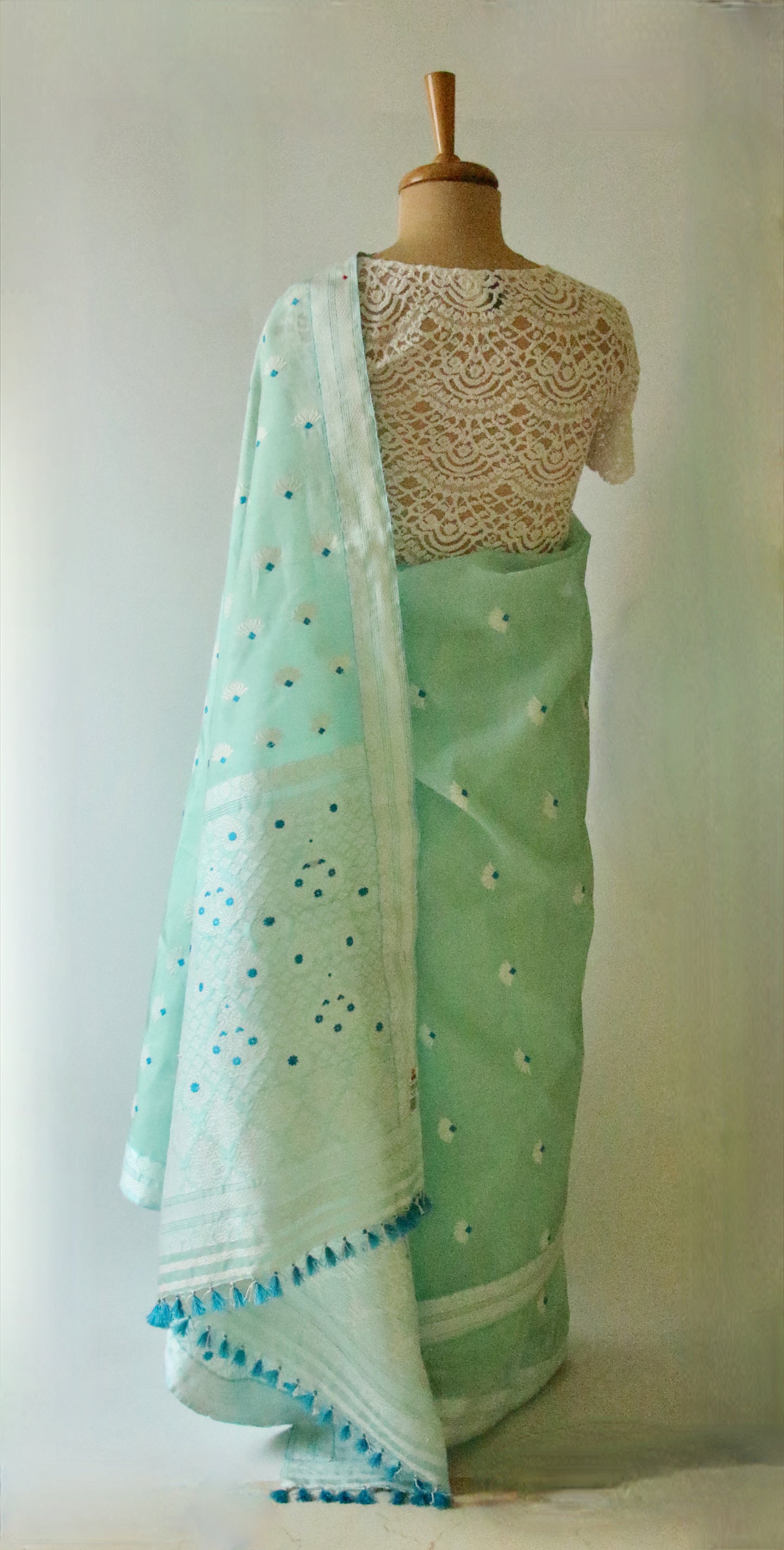 Soft Sea Green Handloom Mulberry Silk / Organza  Saree  from Assam