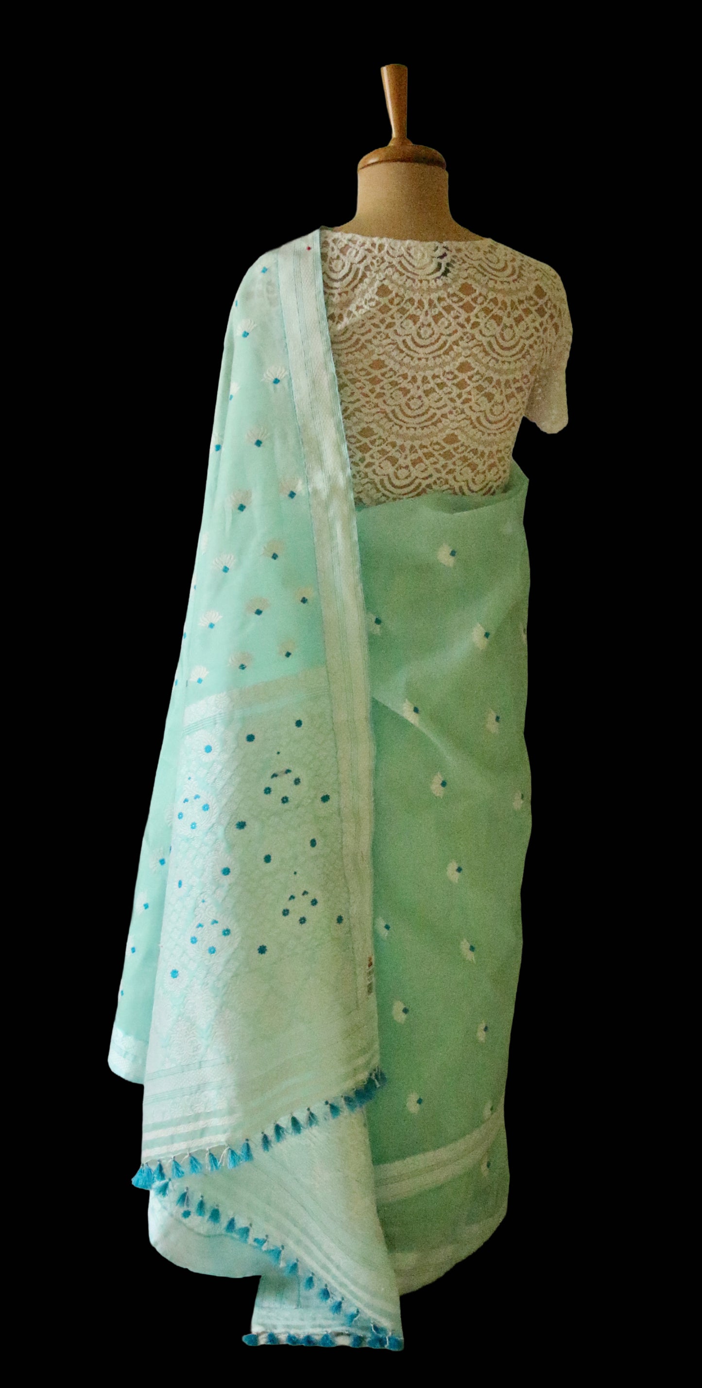 Soft Sea Green Handloom Mulberry Silk / Organza  Saree  from Assam