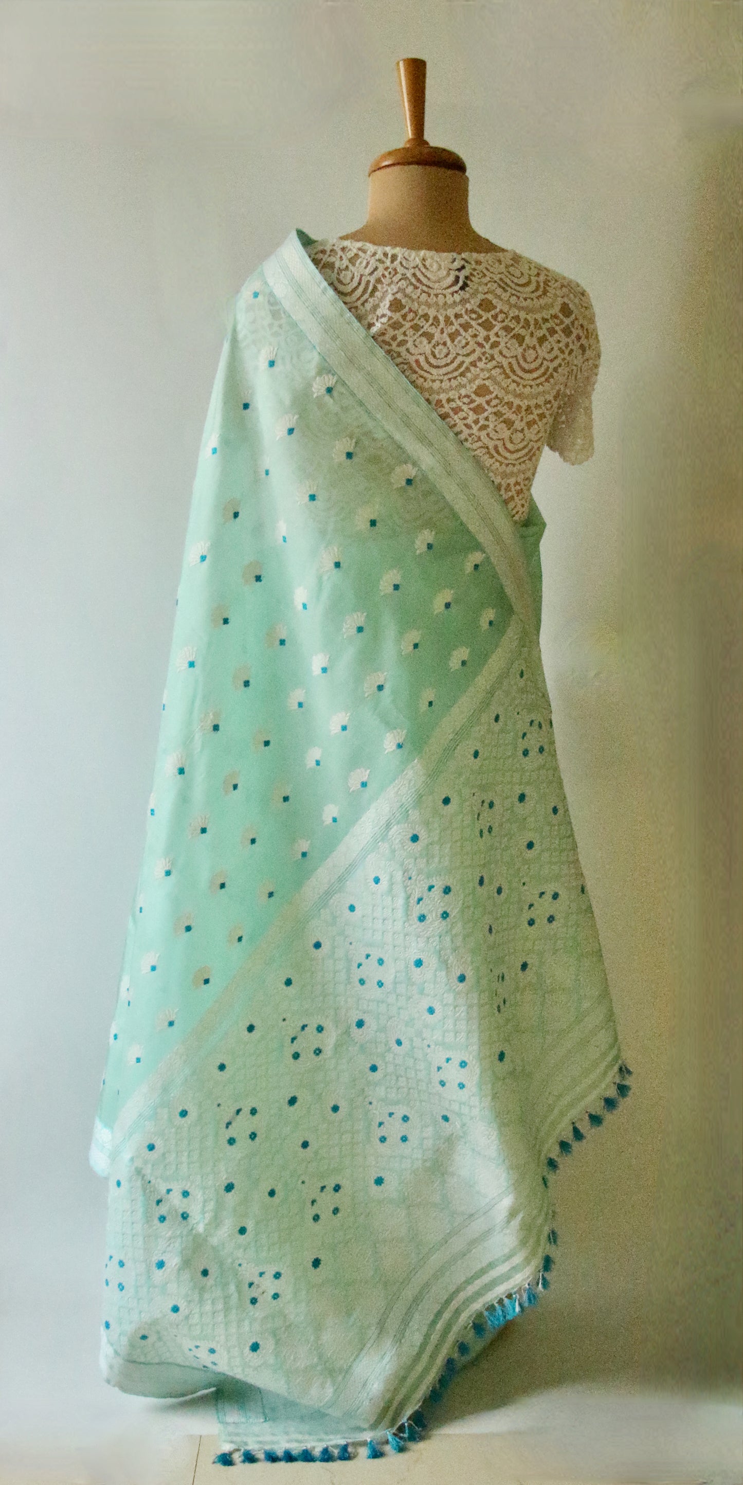 Soft Sea Green Handloom Mulberry Silk / Organza  Saree  from Assam