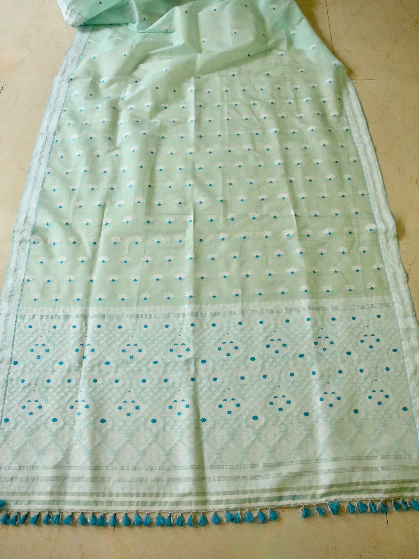 Soft Sea Green Handloom Mulberry Silk / Organza  Saree  from Assam