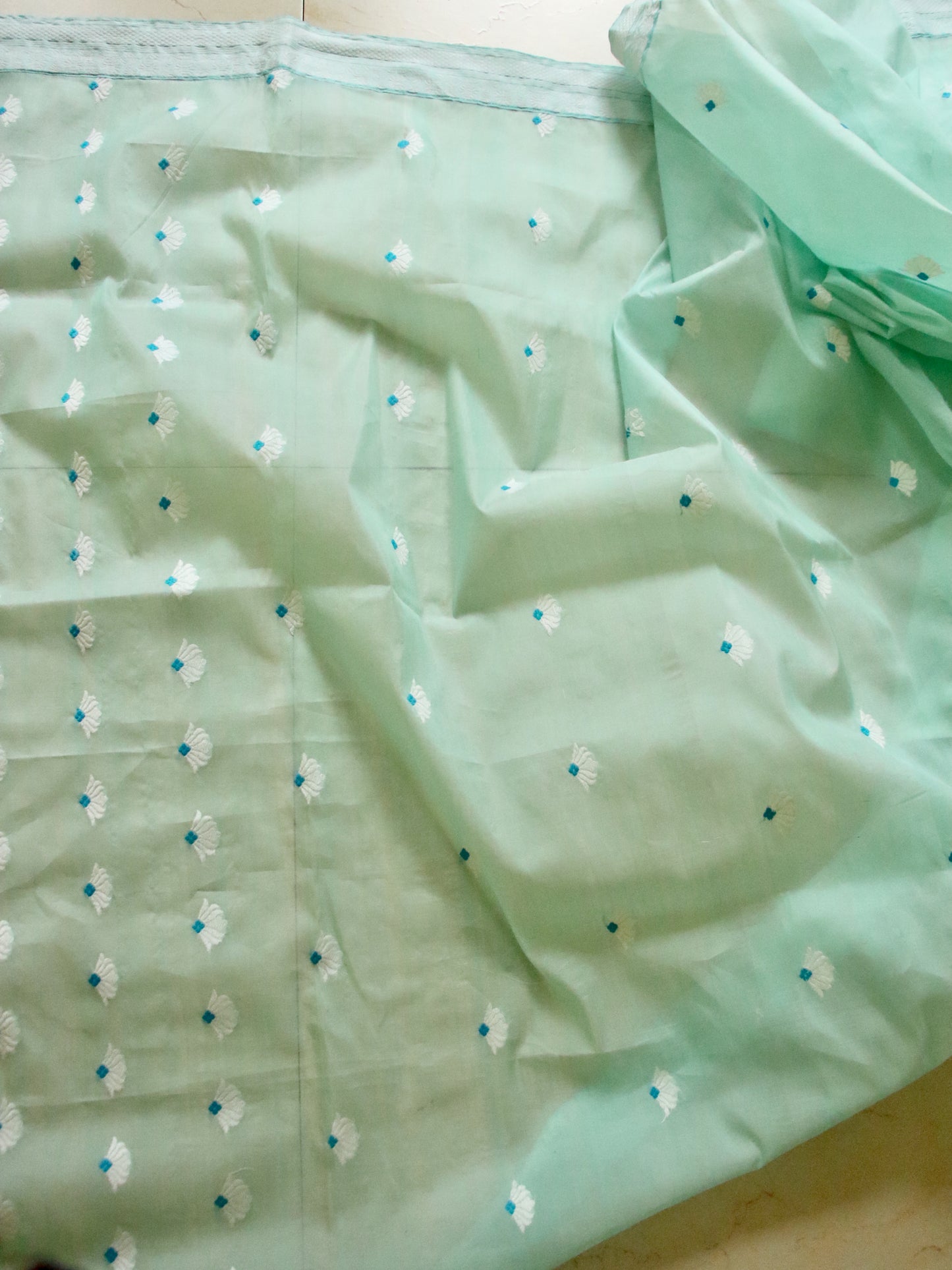Soft Sea Green Handloom Mulberry Silk / Organza  Saree  from Assam