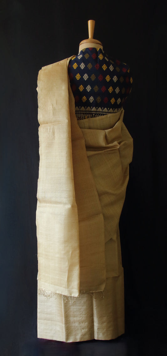 Plain Muga Silk Mekhla Chador Set with contrast Blouse in Indigo