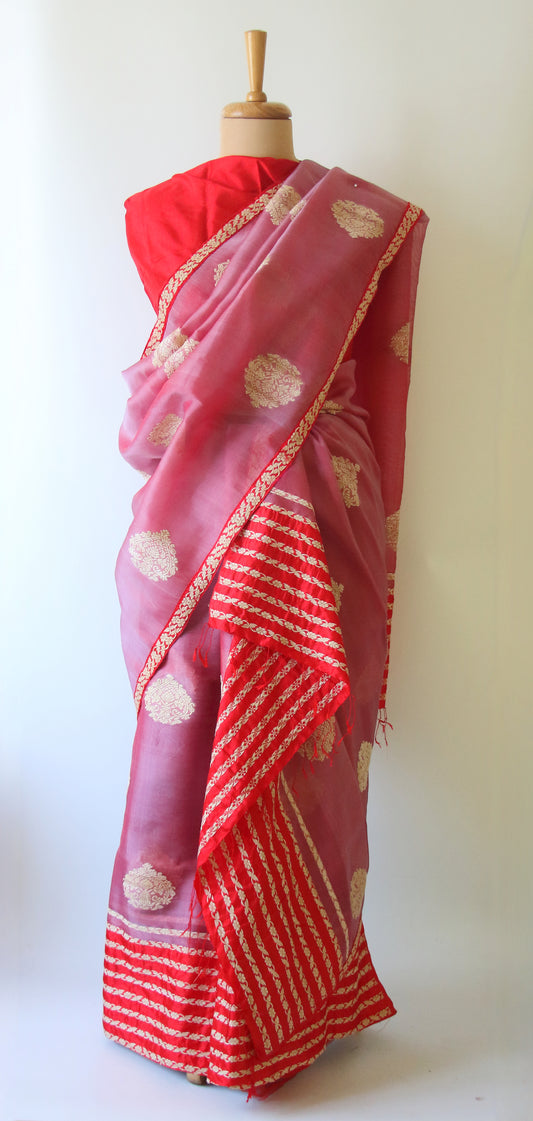 Two Tone Red Handloom Mulberry Silk Mekhla Chador Set