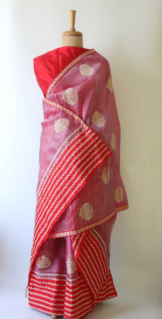 Two Tone Red Handloom Mulberry Silk Mekhla Chador Set