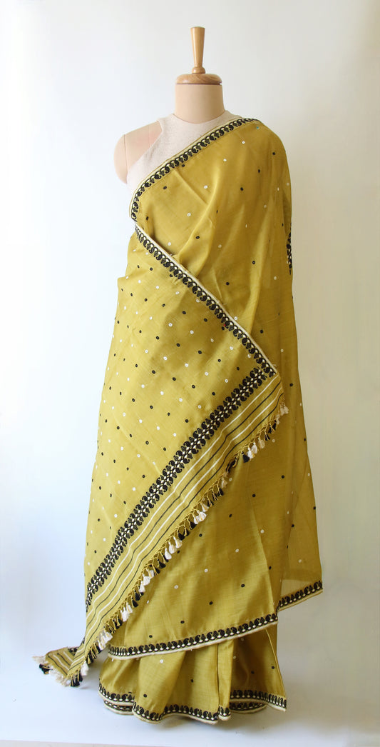 Bright Olive Green  Handloom Modal by Silk Saree from Assam